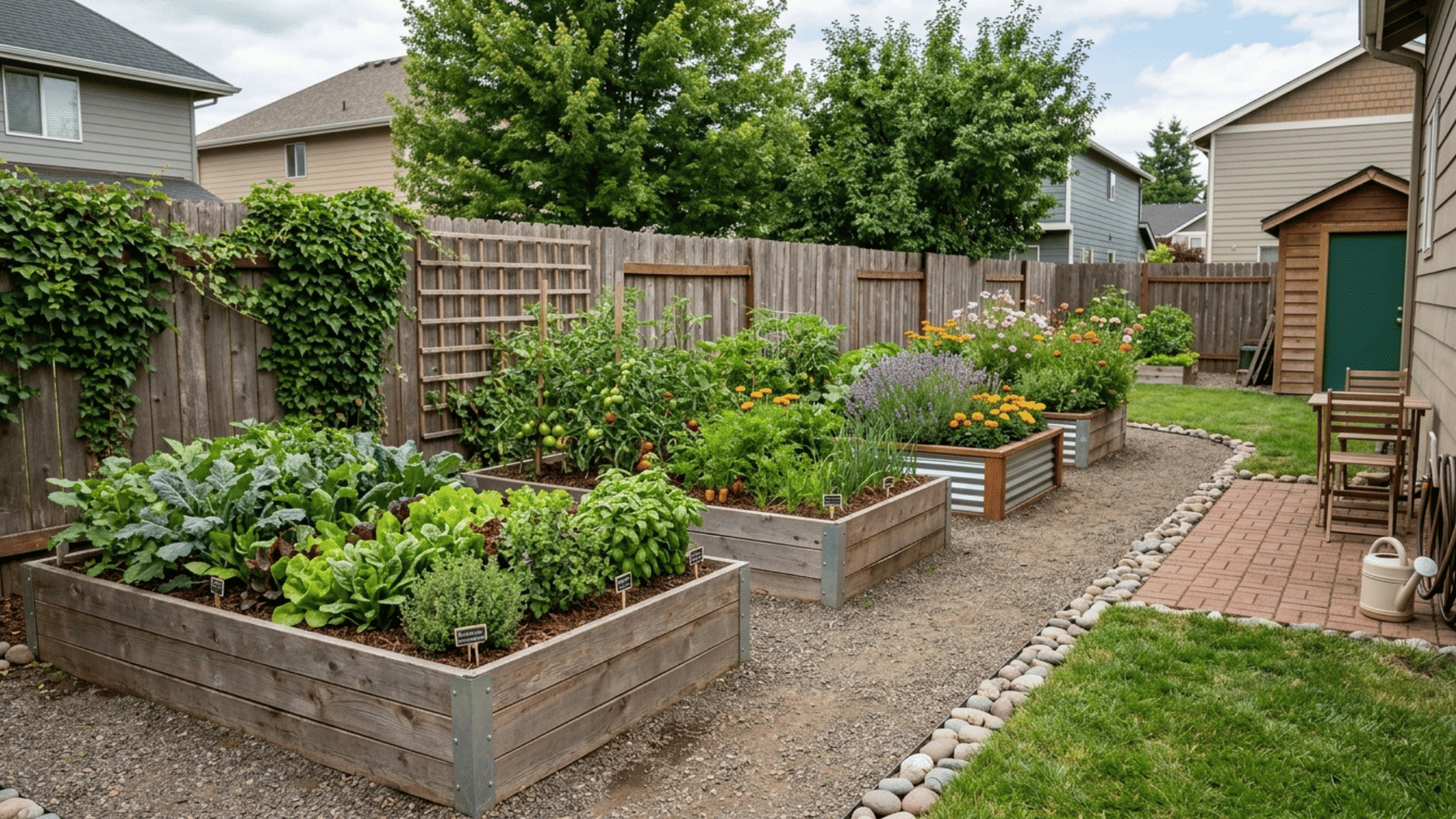 small backyard with raised garden beds, vegetables, and organized layout.
