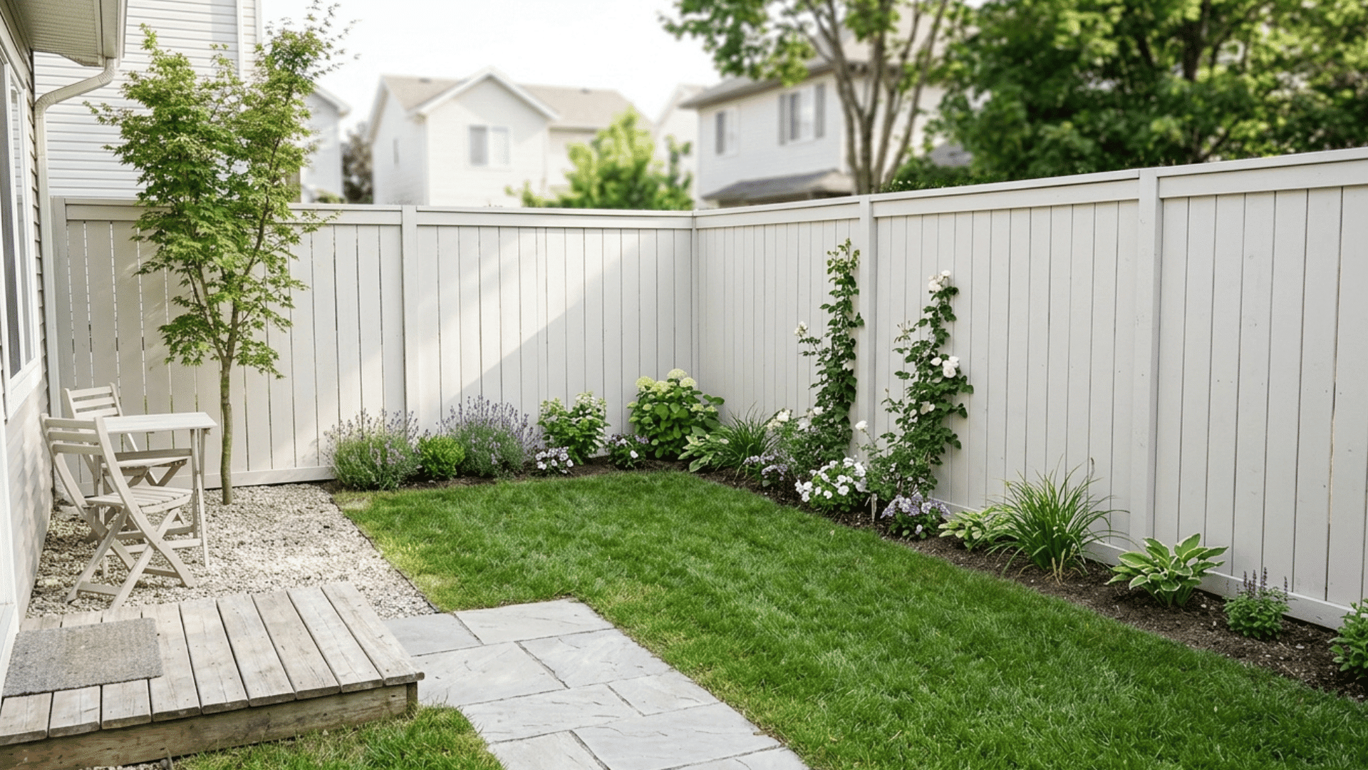 small backyard with simple fencing, plants, and clean layout.