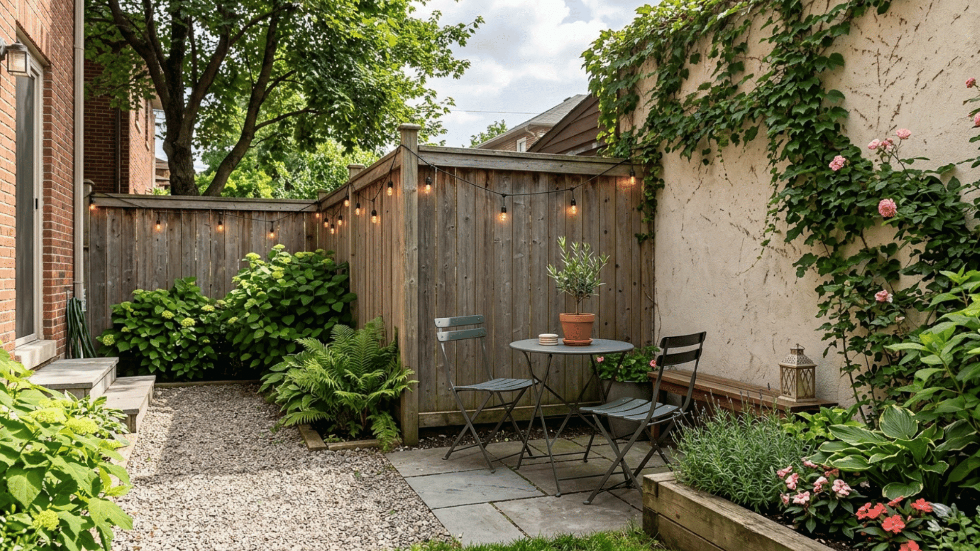 small backyard with small dining nook and patio table with chairs.