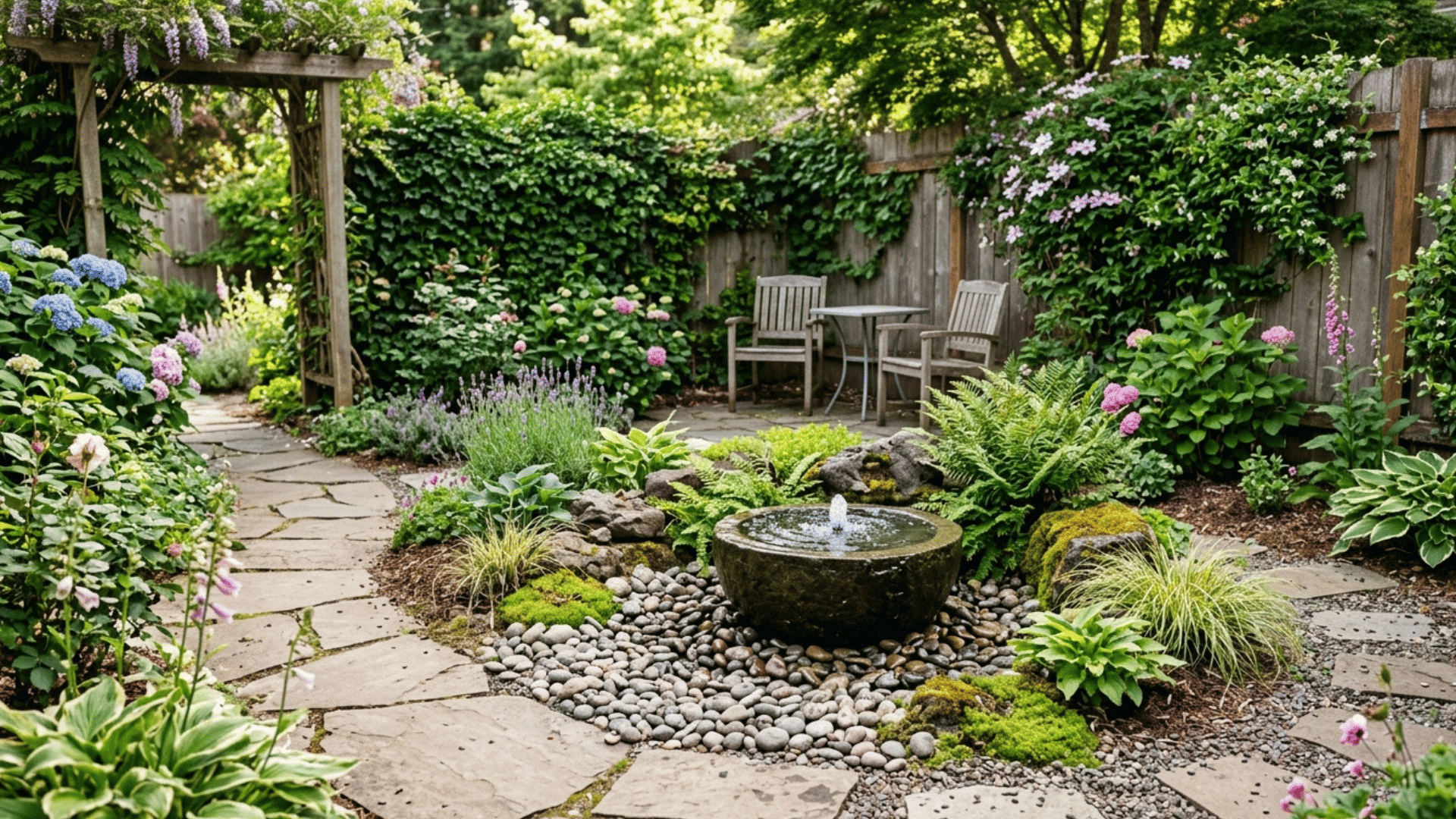 small backyard with stone path, plants, and compact water fountain feature.