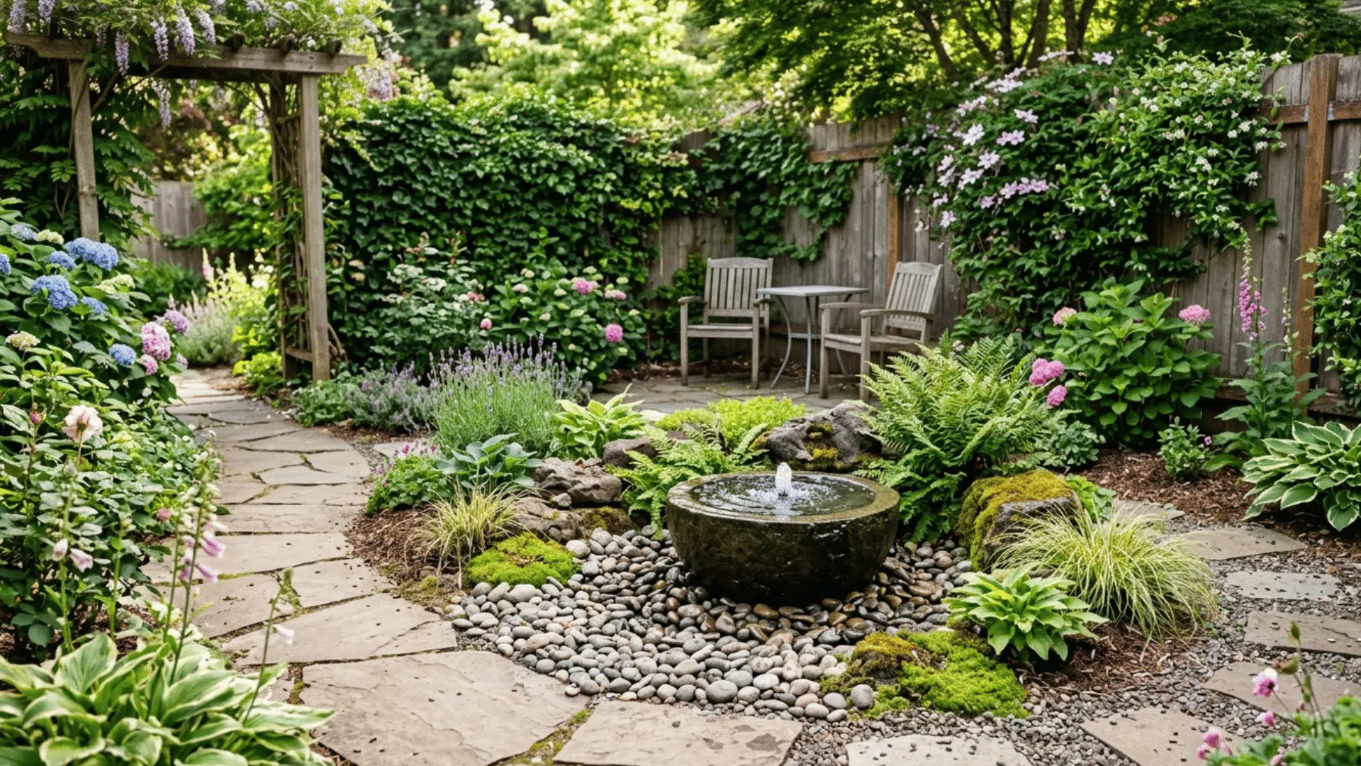 small backyard with stone path, plants, and compact water fountain feature.