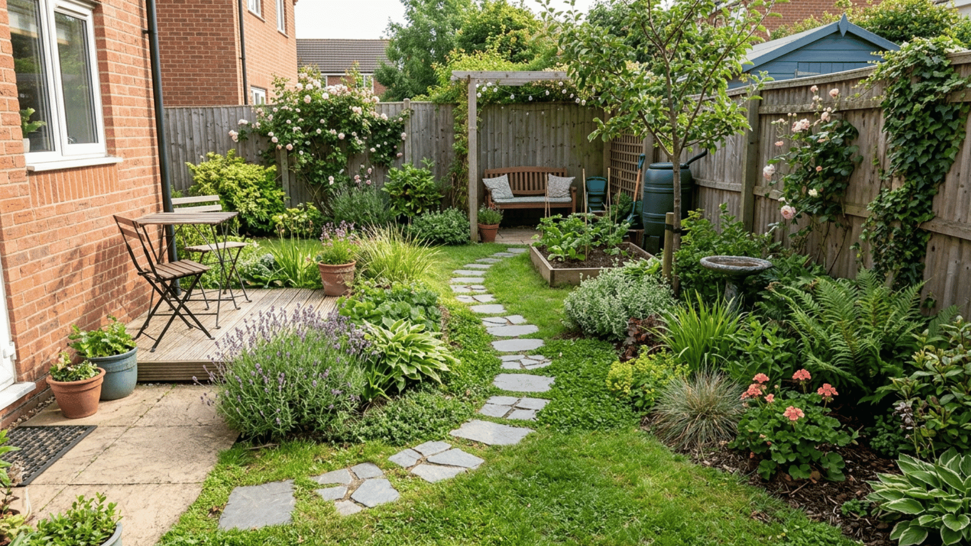 small backyard with stone pathway, garden beds, and organized layout.