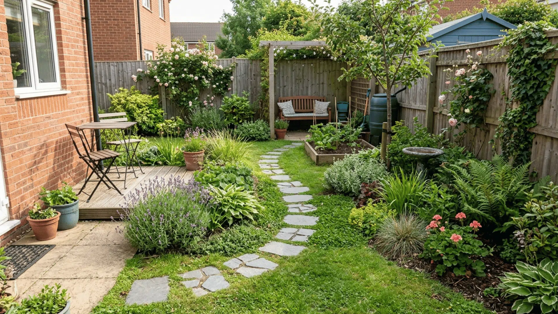 small backyard with stone pathway, garden beds, and organized layout.
