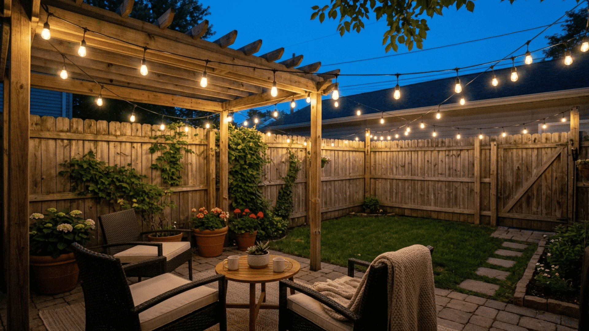 small backyard with string lights creating a warm and cozy evening space.