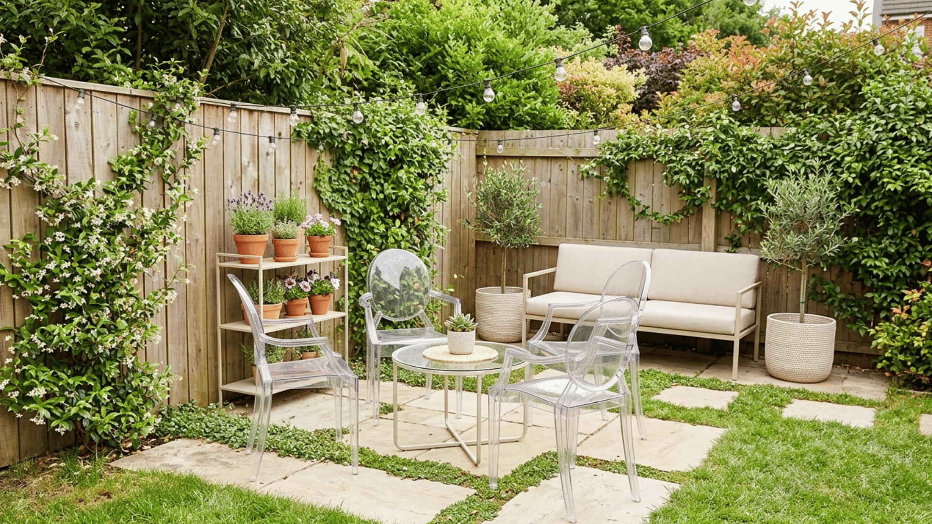 small backyard with transparent chairs and light furniture setup.