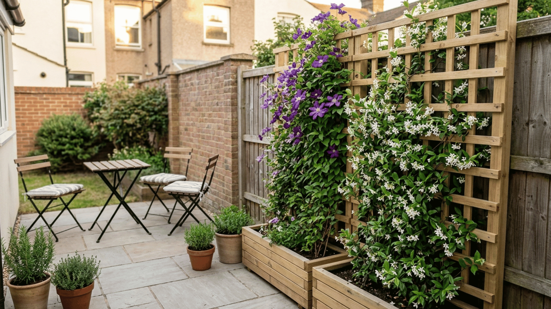 small backyard with trellis and climbing plants along fence.