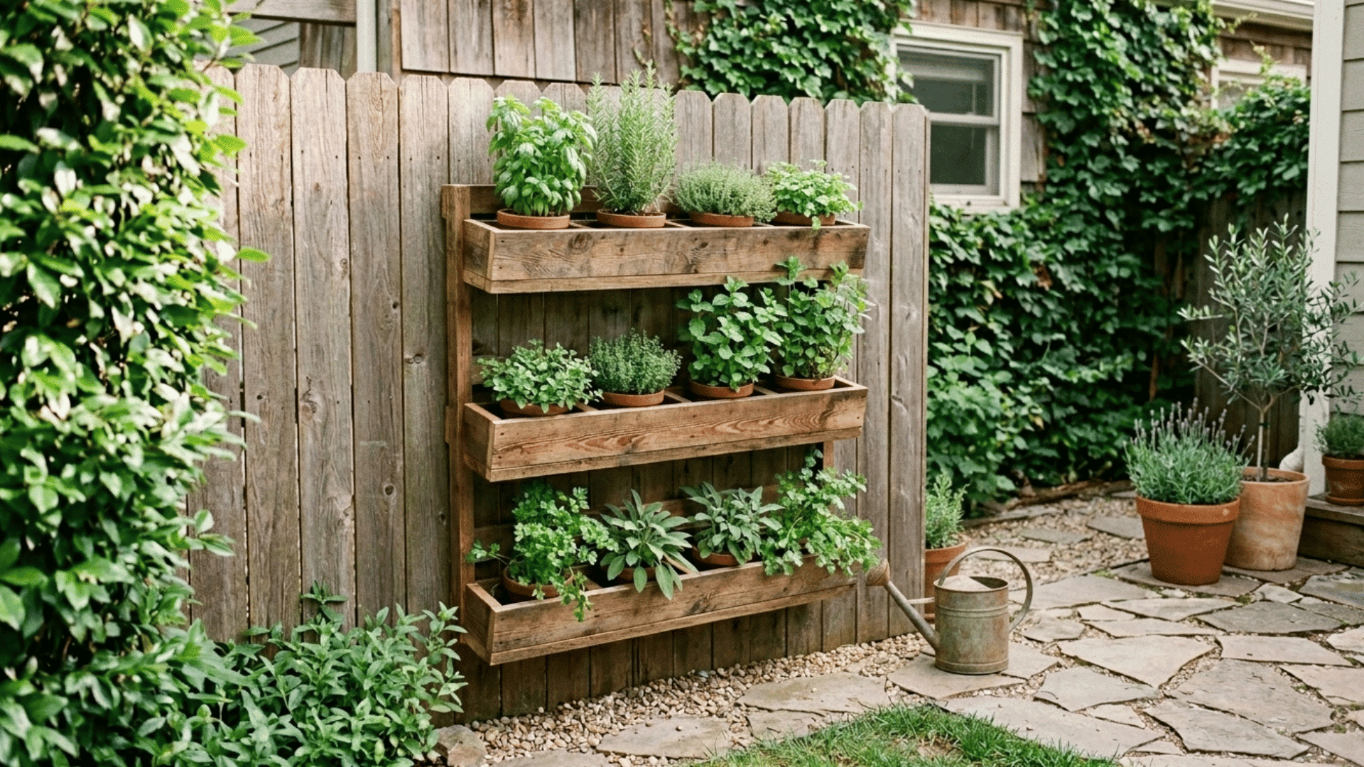 small backyard with vertical herb garden mounted on wooden fence.