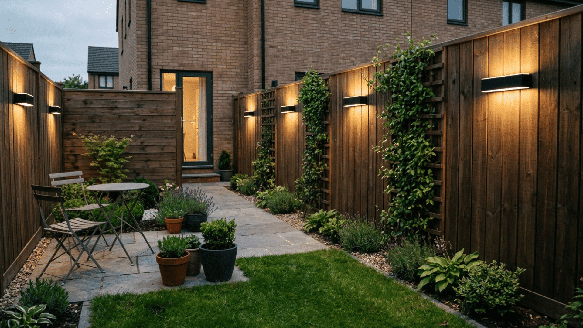 small backyard with wall-mounted lighting and narrow walkway design.