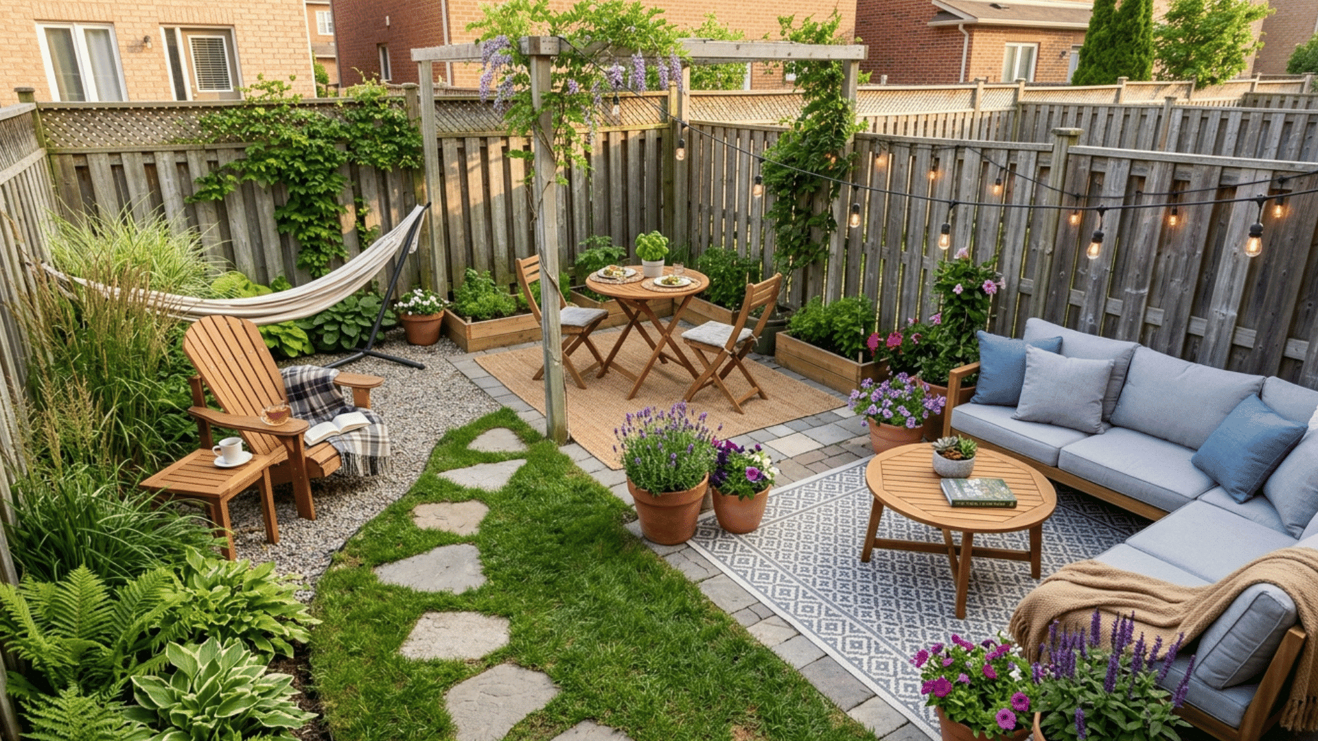 small backyard with zones, seating area, hammock, and dining setup.