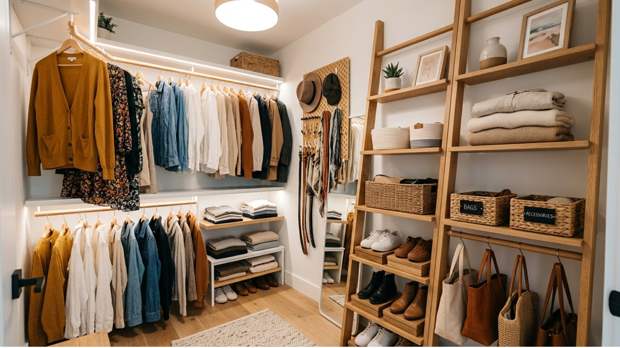 small closet with ladder shelving creating stylish vertical storage for compact spaces