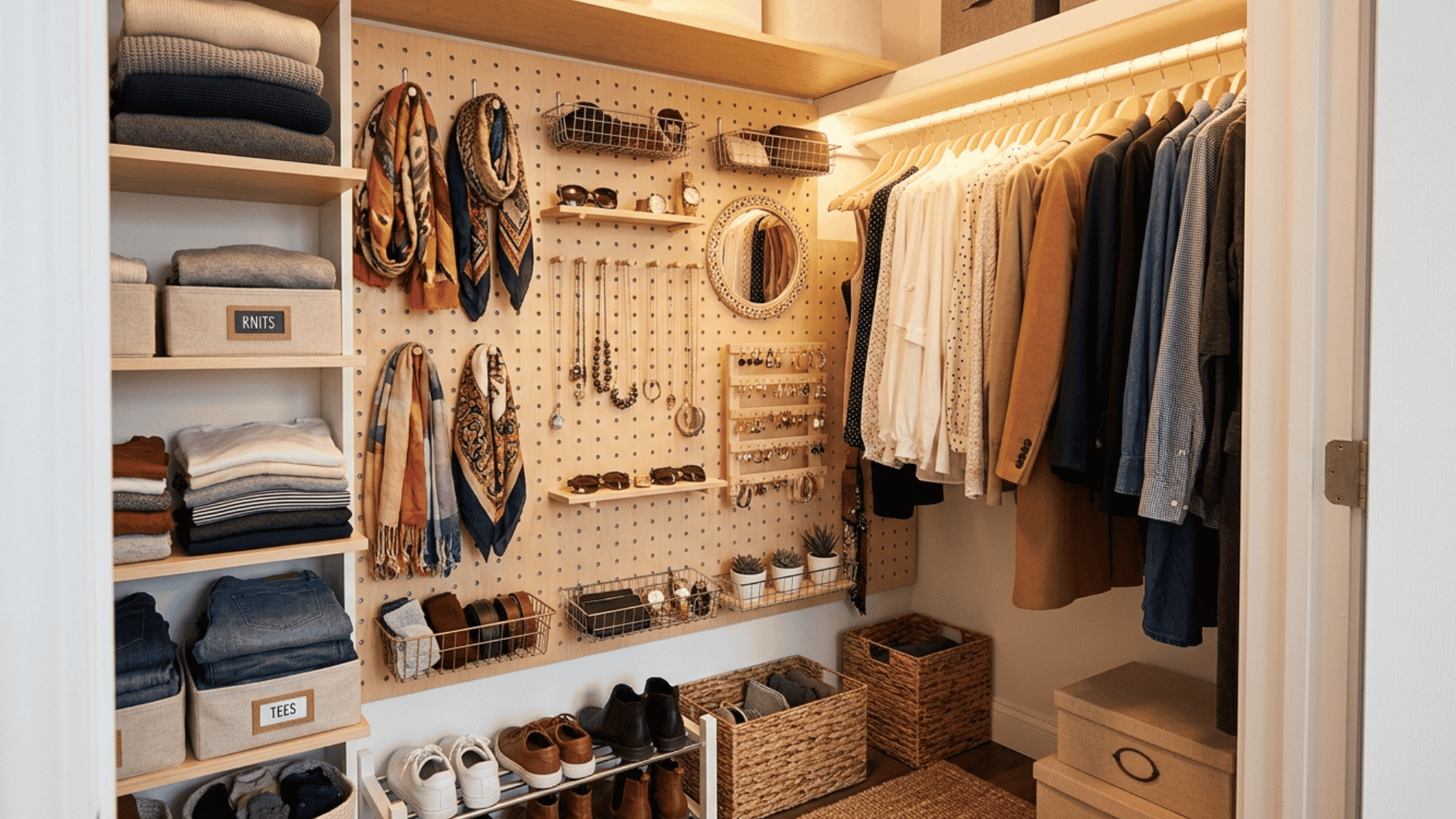 small closet with pegboard storage organizing accessories and essentials in a creative way