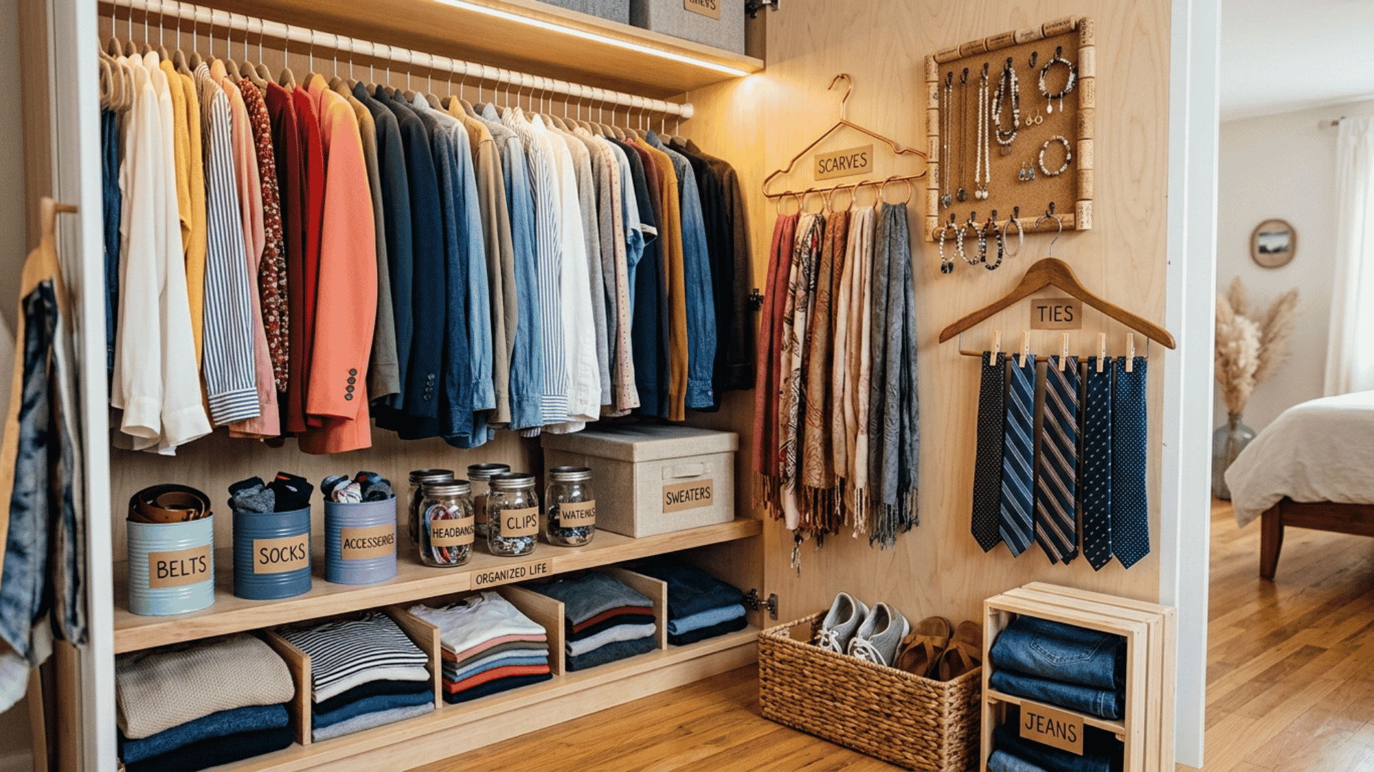 small closet with reused household items creating creative organized and clutter free storage space