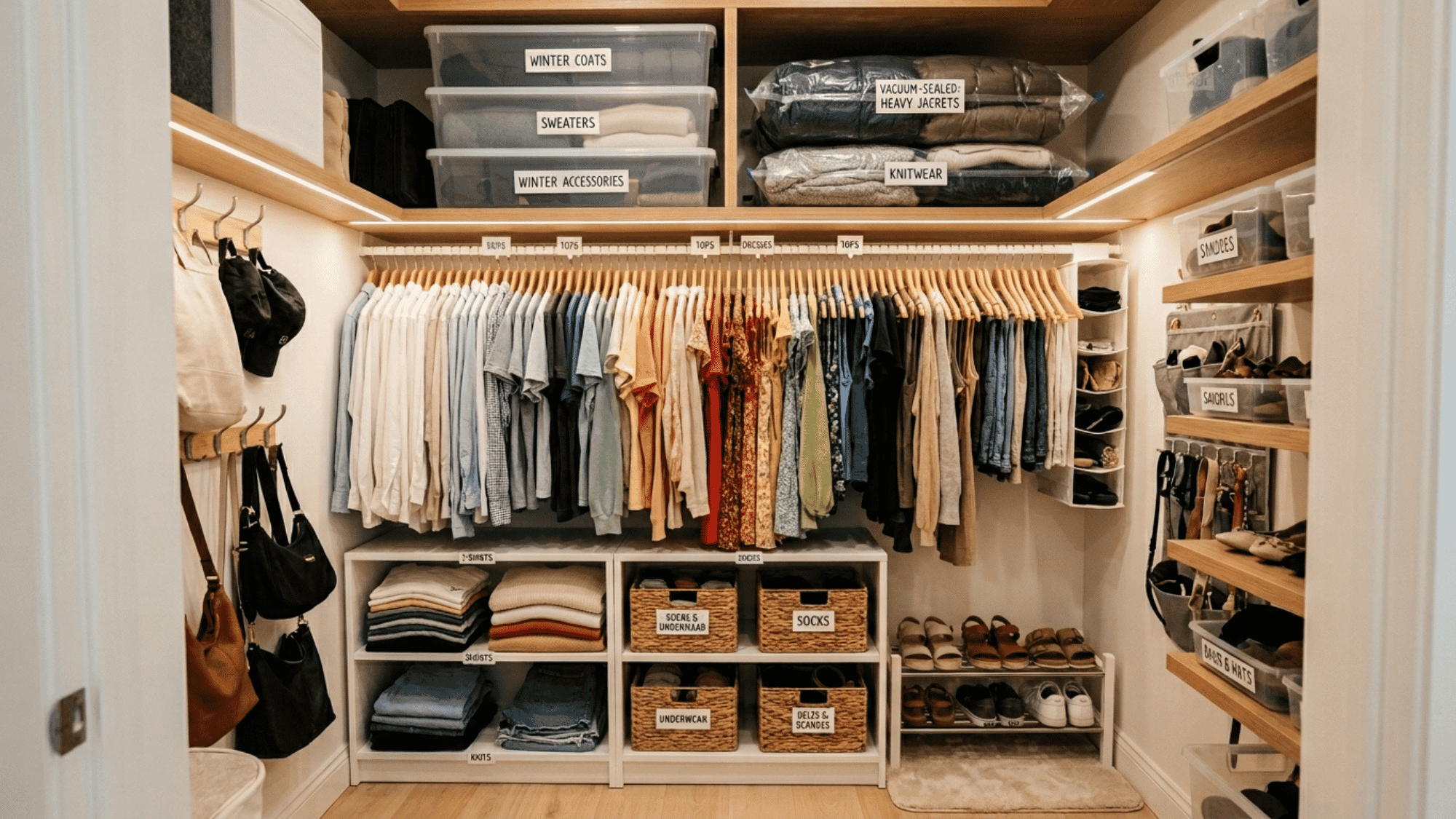 small closet with seasonal clothing rotation using bins shelves and vacuum bags for organized storage