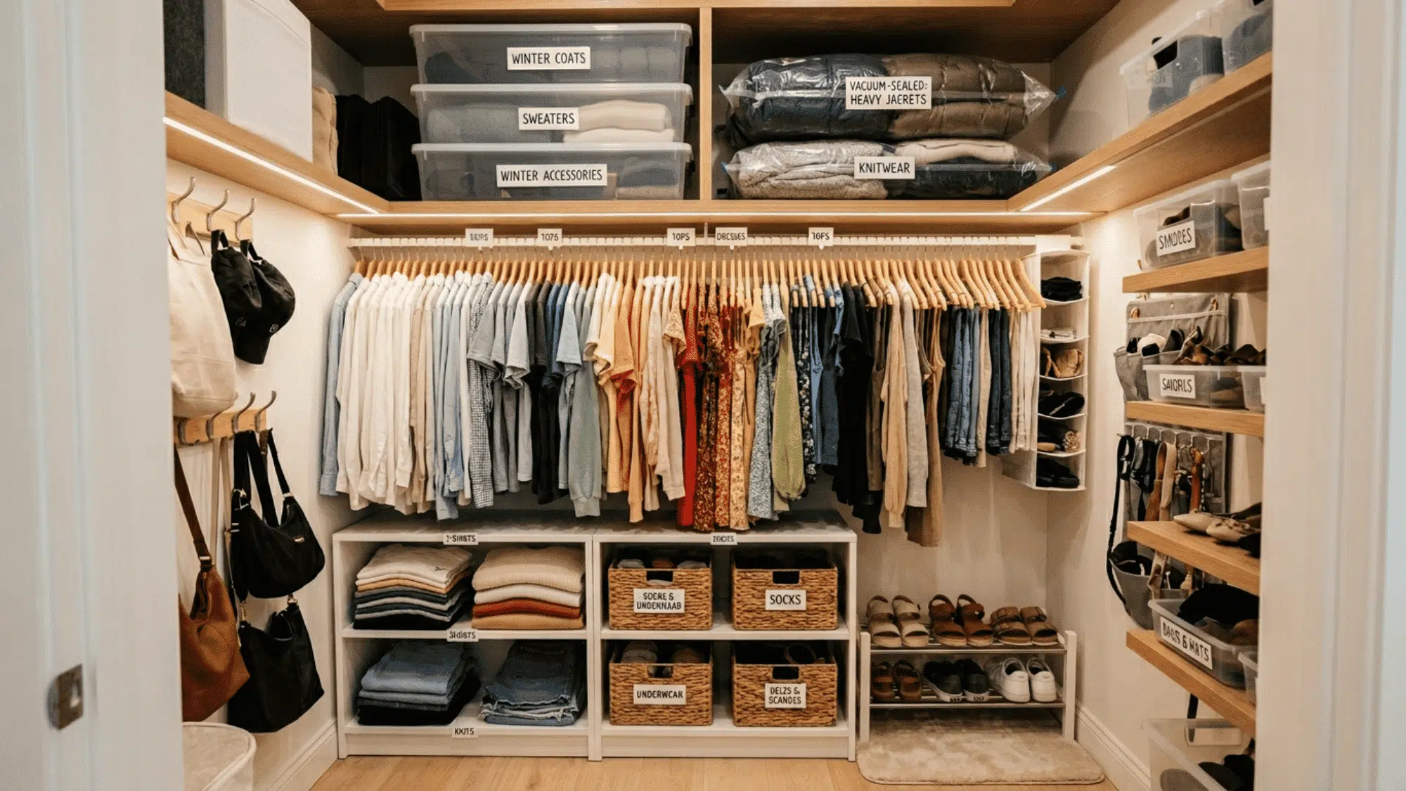 small closet with seasonal clothing rotation using bins shelves and vacuum bags for organized storage