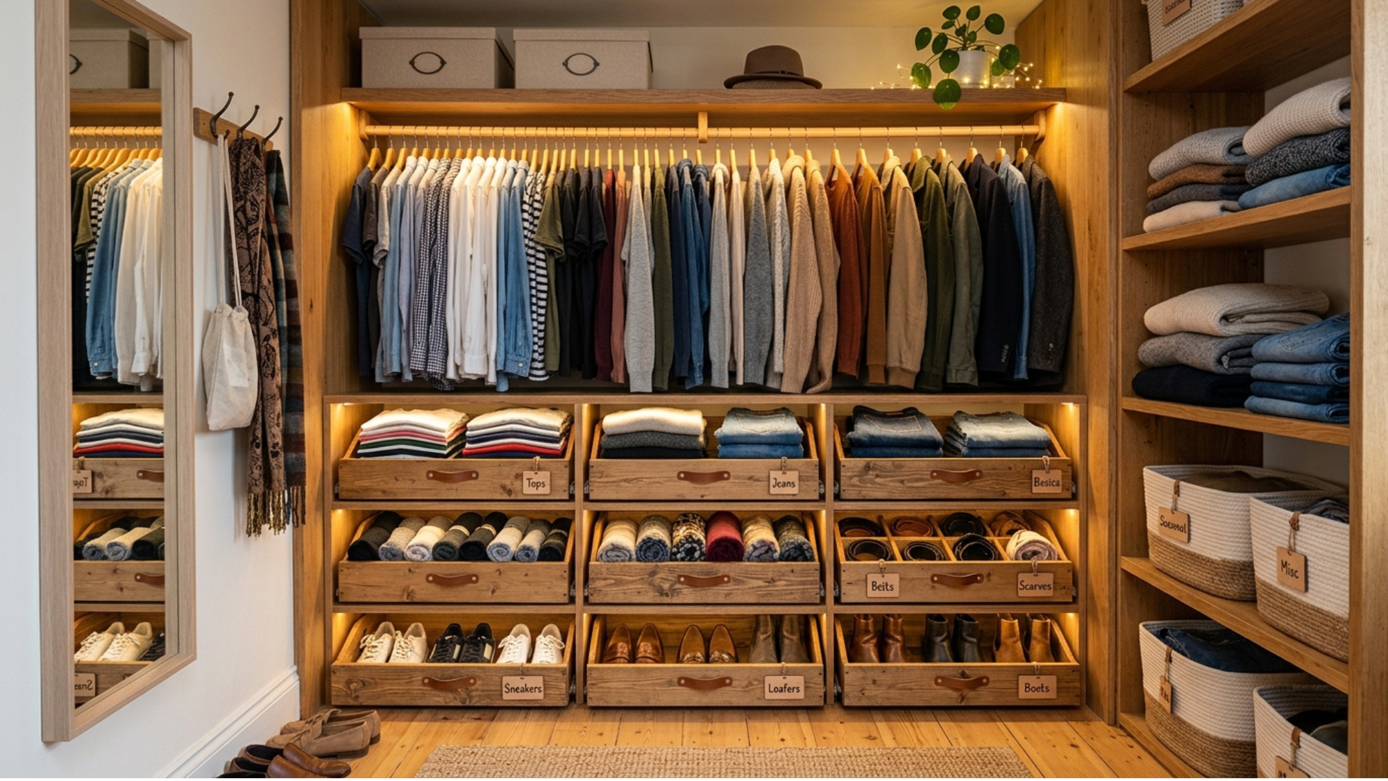 small closet with sliding storage crates creating easy access and organized storage space