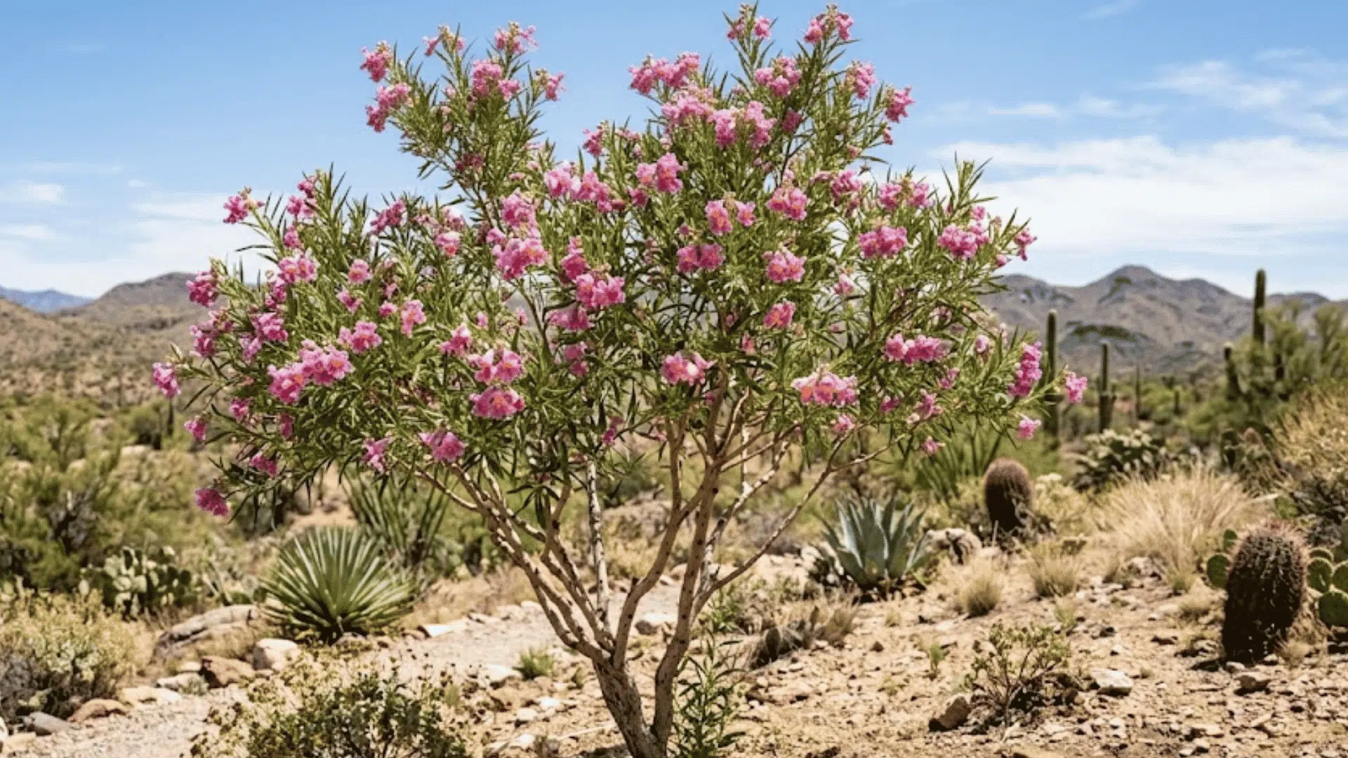 small desert tree with pink flowers blooming among cacti and dry shrubs in a sunny rocky landscape