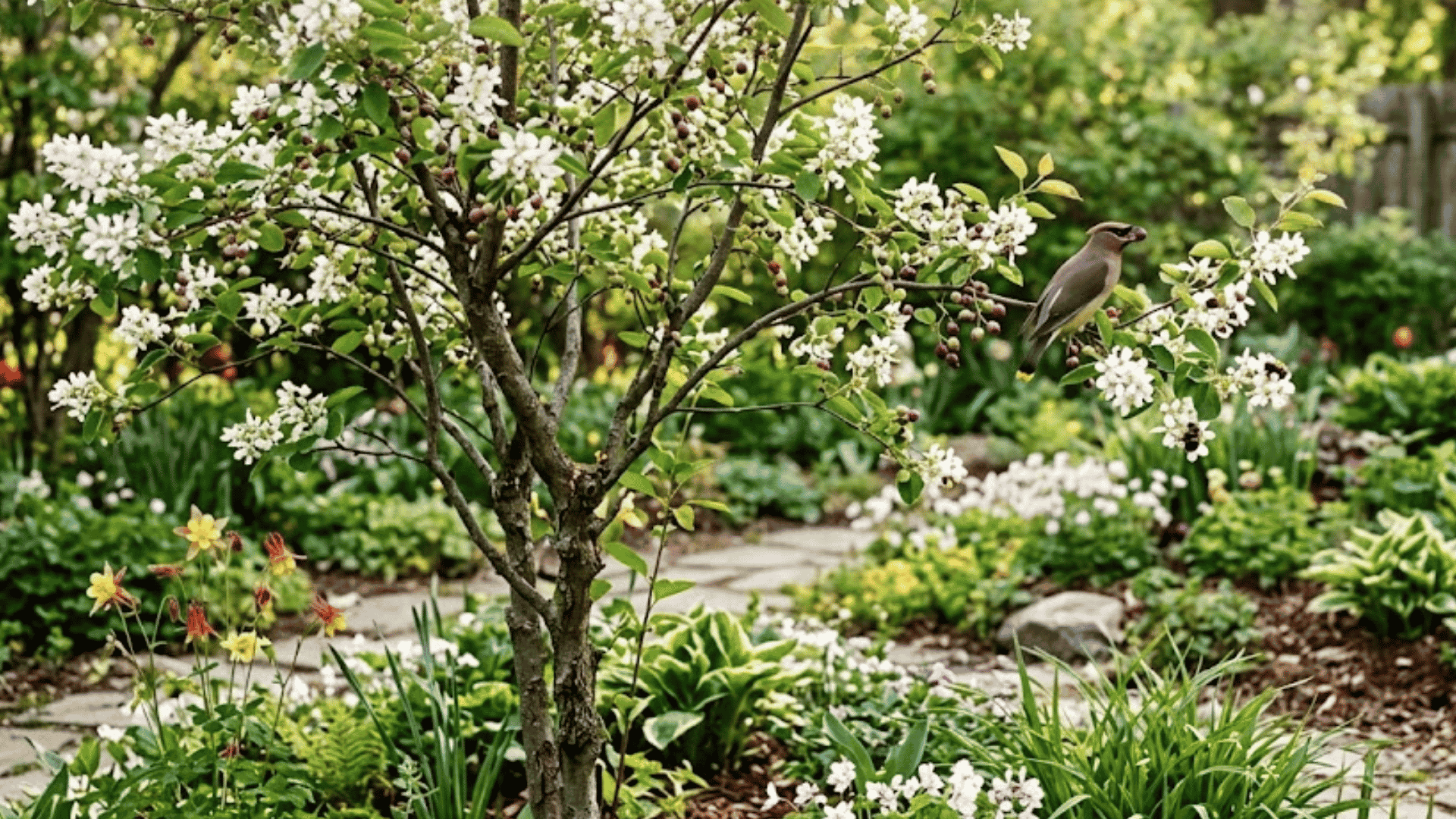 small flowering tree with white blossoms and a bird perched among branches in a lush backyard garden