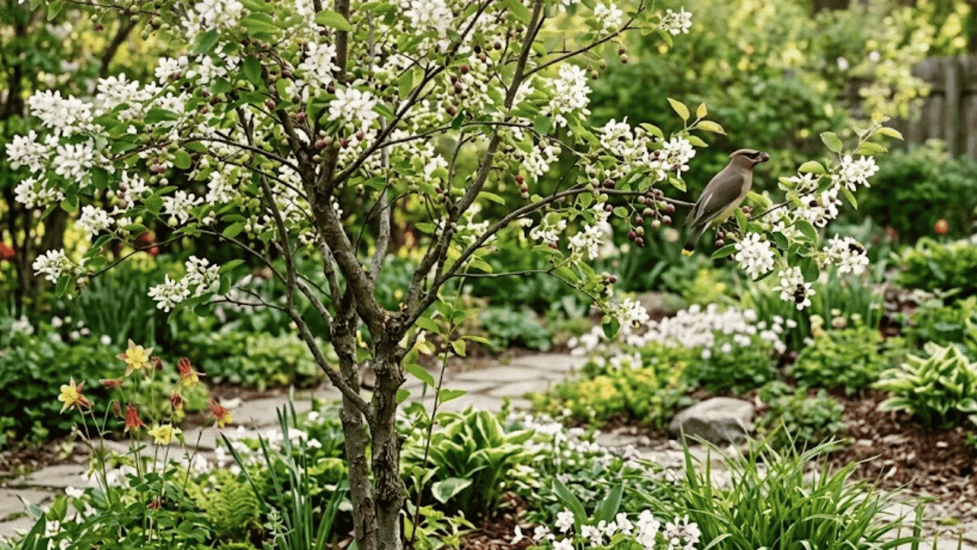 small flowering tree with white blossoms and a bird perched among branches in a lush backyard garden