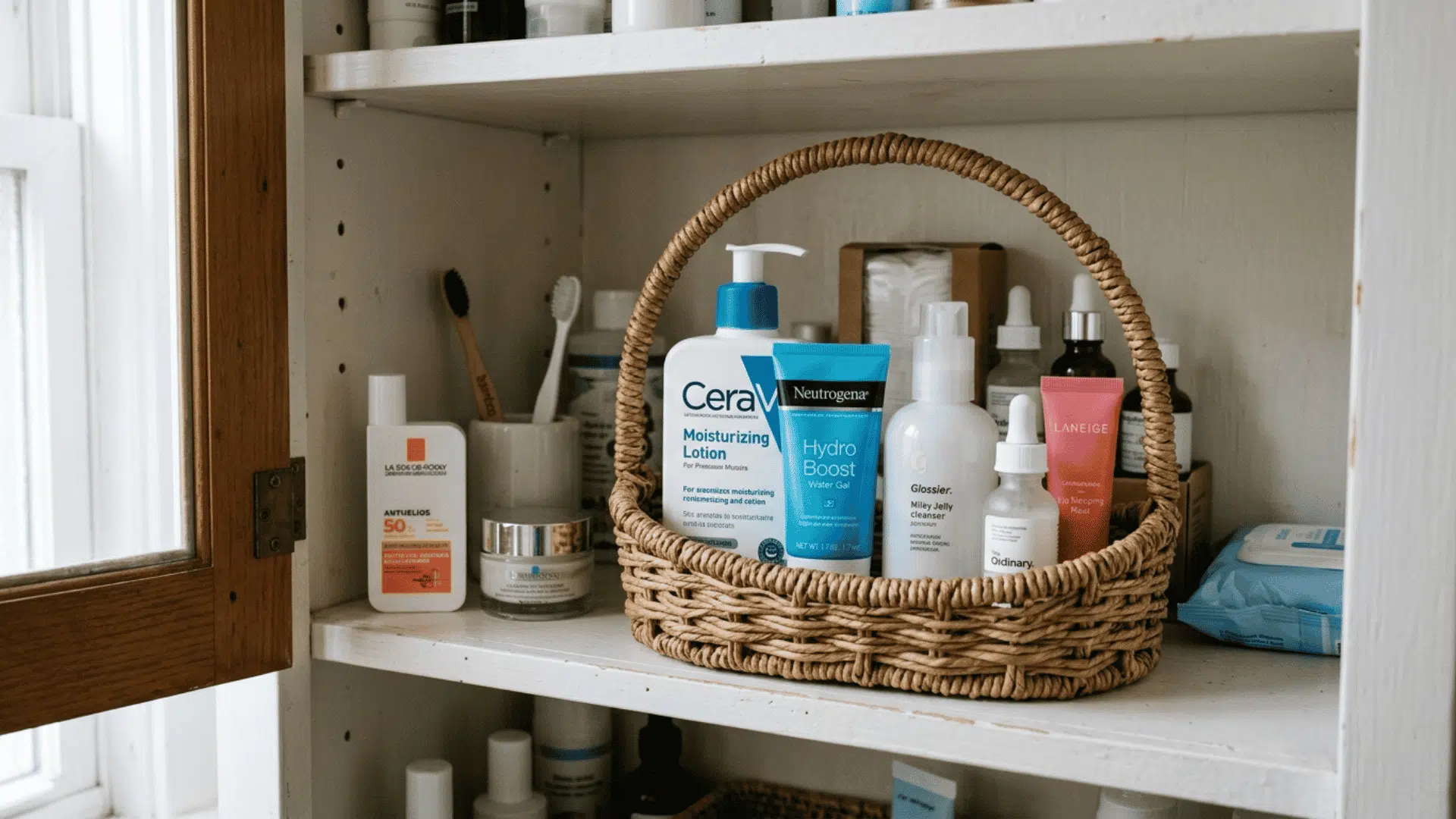 small handled basket inside a bathroom cabinet shelf filled with daily essentials like moisturizer face wash and small bottles neatly arranged