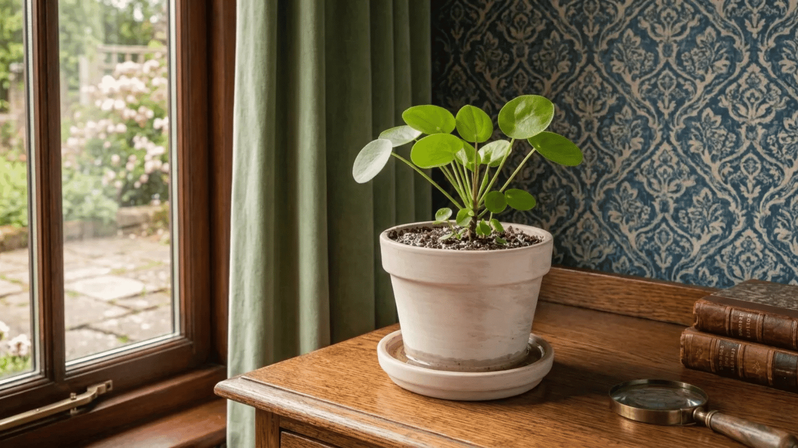 small indoor houseplant in a ceramic pot placed on a wooden table by a window with green curtains and patterned wallpaper in the background