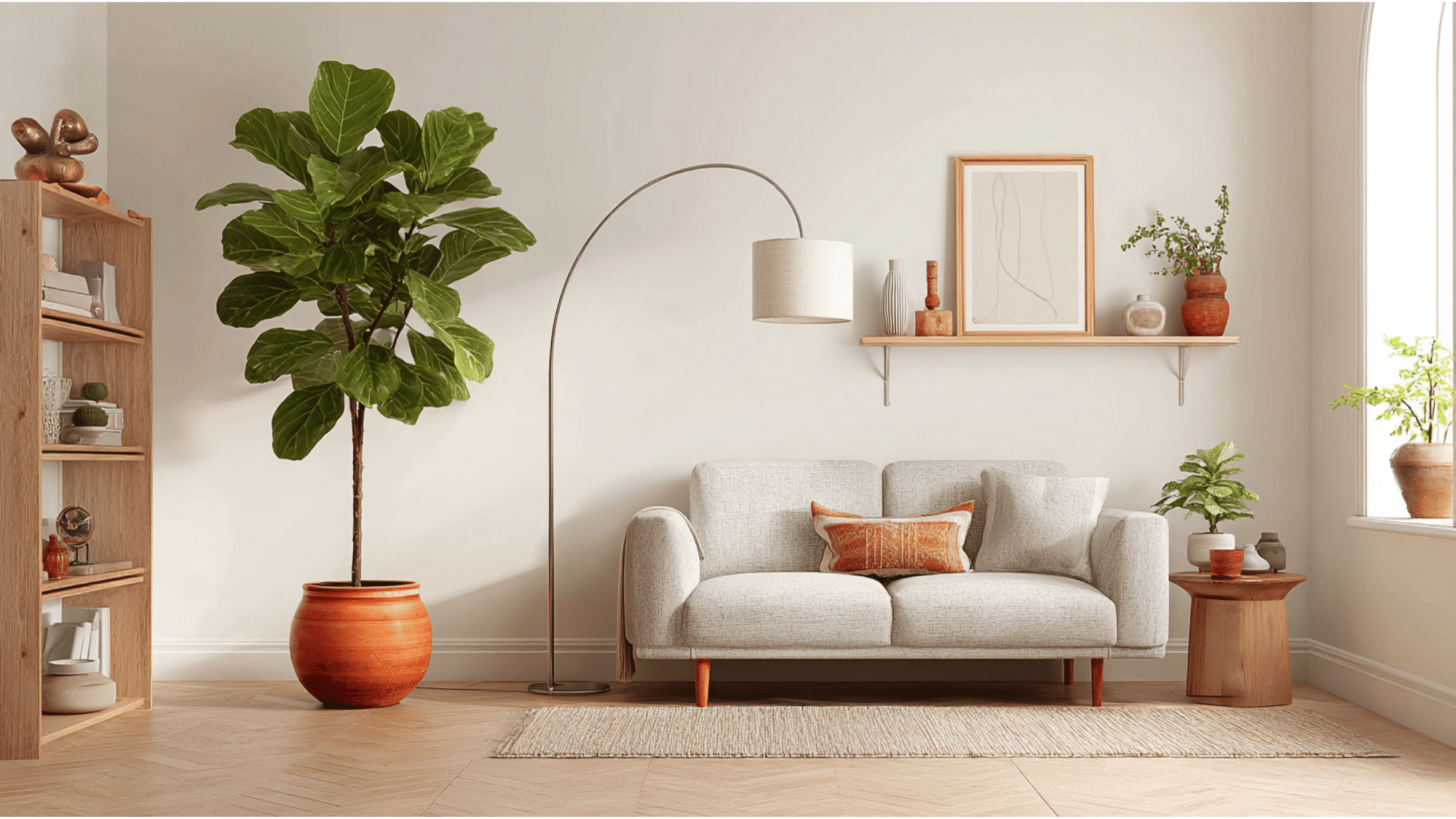 small living room corner with fiddle leaf fig, arched floor lamp, floating shelf, and compact sofa maximizing space