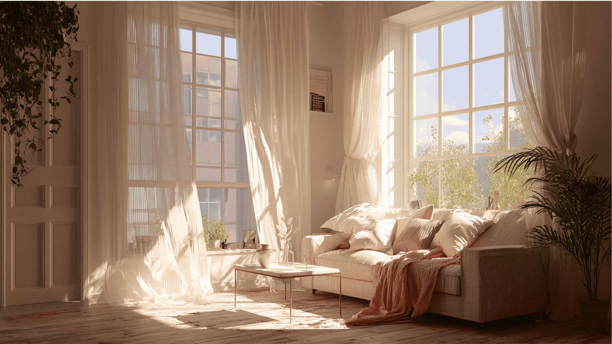 small living room filled with natural light through sheer curtains
