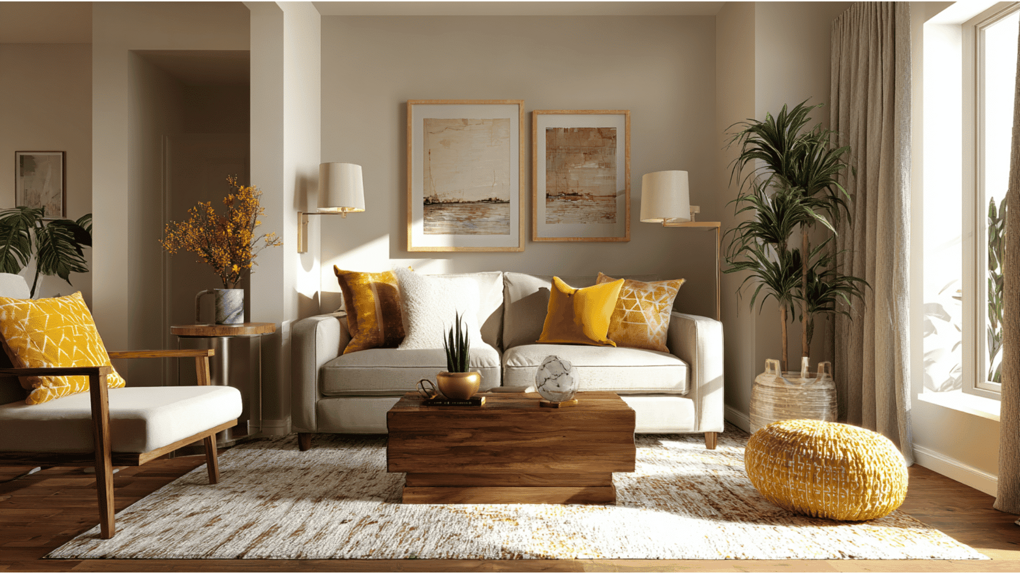 Small living room styled with the 60-30-10 color rule using balanced neutral and bold accents