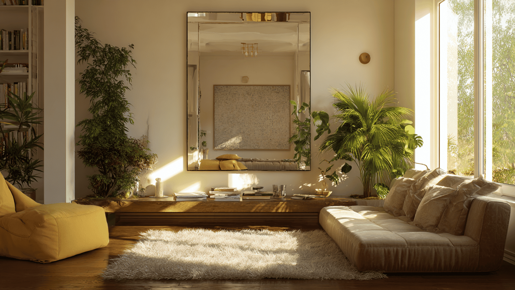 small living room using mirrors to create depth and brightness