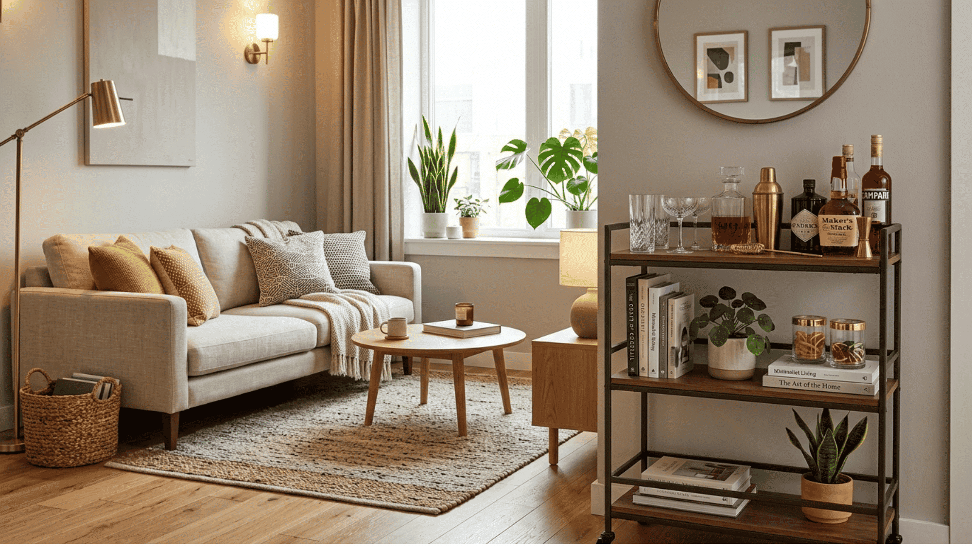 small living room with a stylish bar cart adding elegance storage and modern functional charm