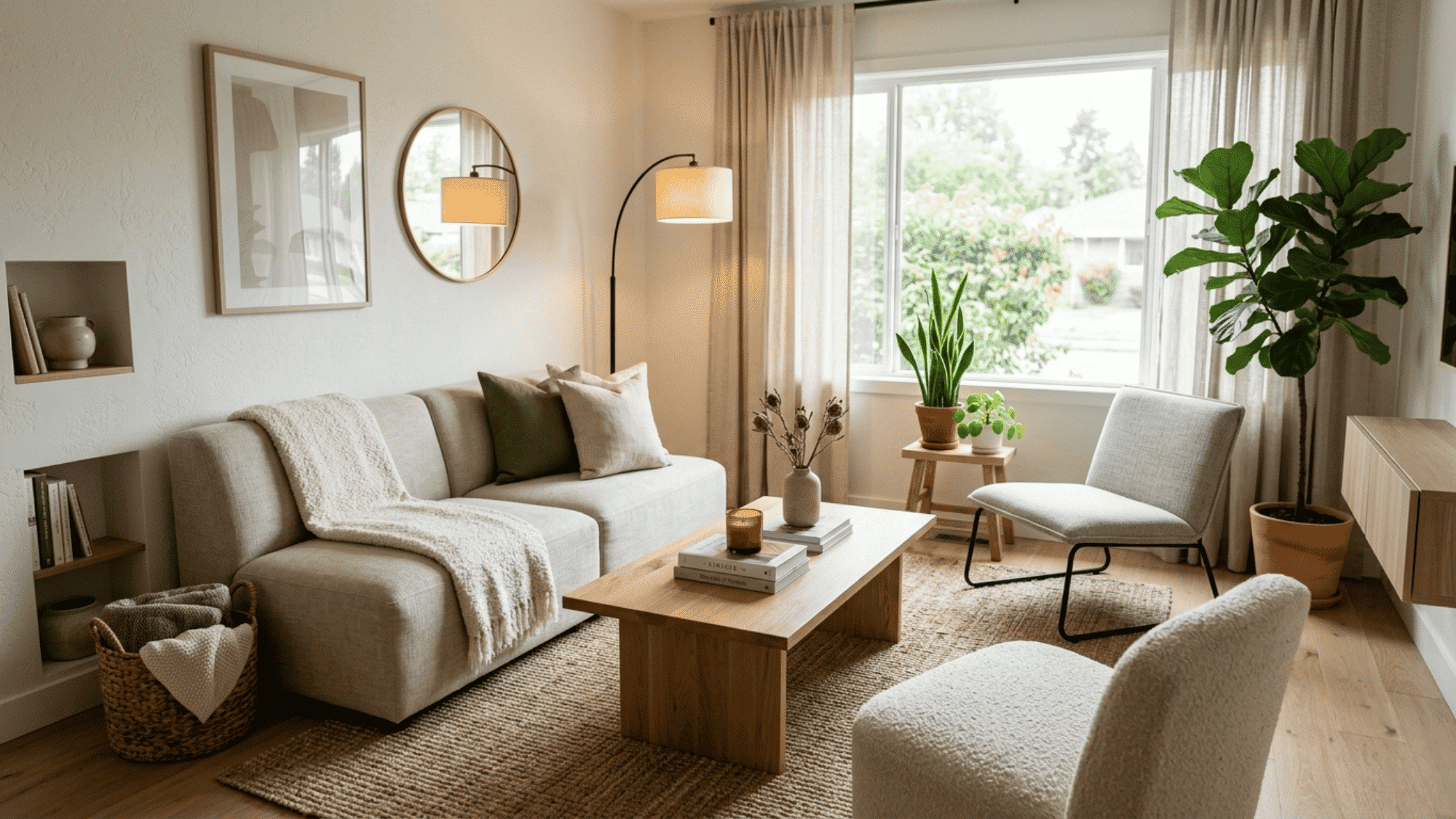 small living room with armless seating creating an open airy and modern spacious atmosphere