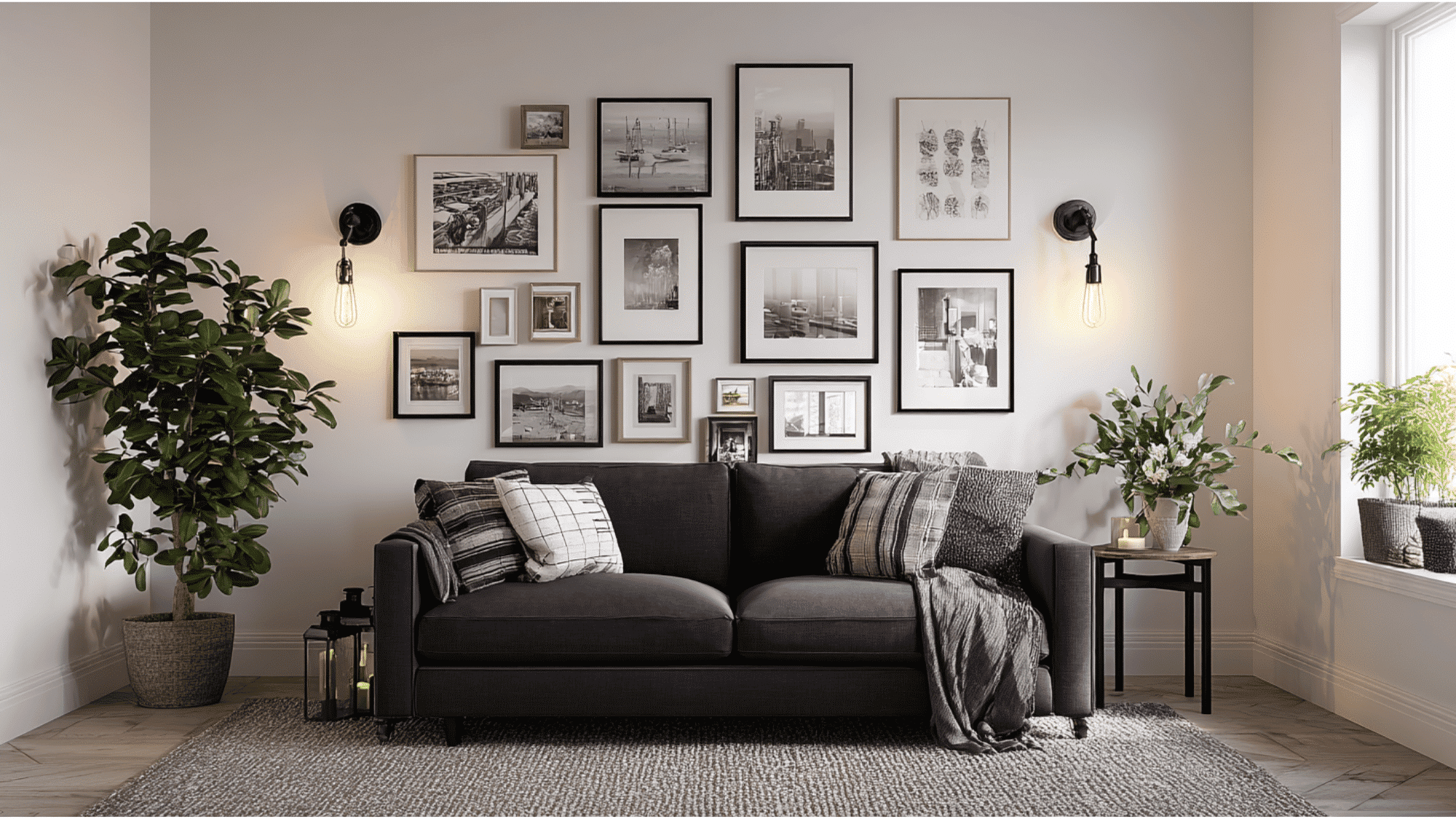 small living room with black-framed gallery wall above charcoal sofa, rubber plant, warm wall sconces, and grey rug