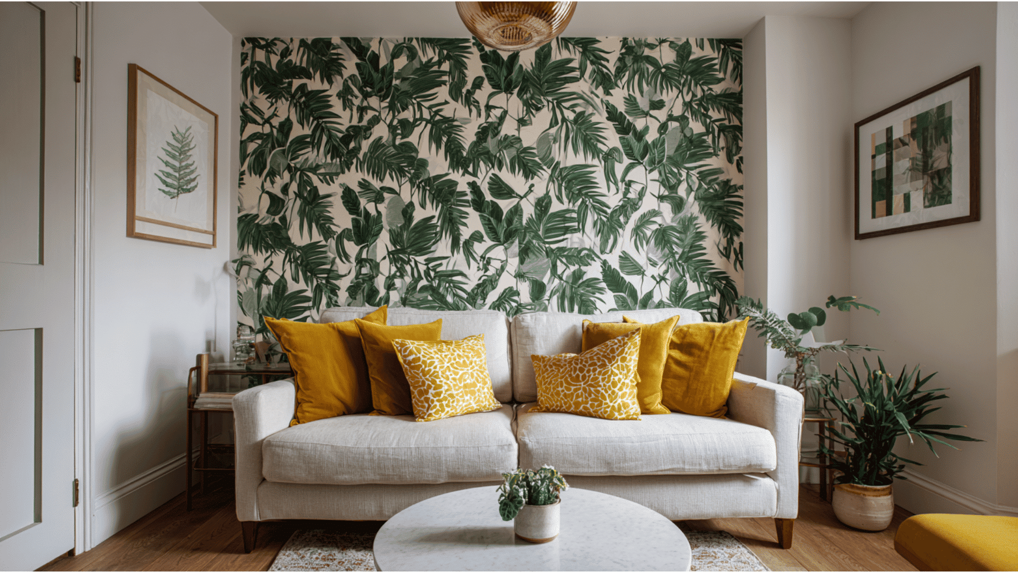 Small living room with botanical wallpaper feature wall behind linen sofa, mustard cushions, and marble coffee table