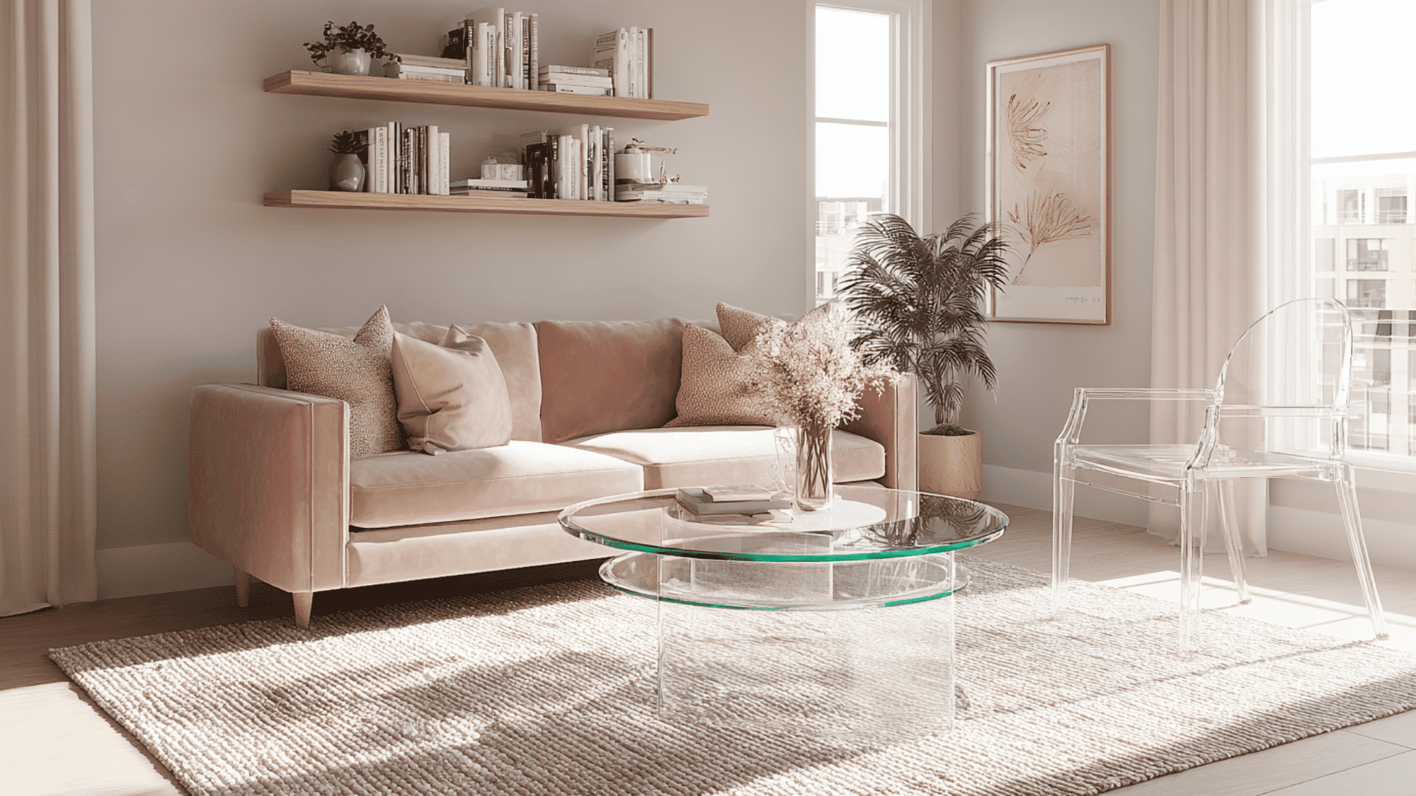 small living room with clear acrylic ghost chair, glass coffee table, blush pink sofa, and neutral rug creating an open airy feel