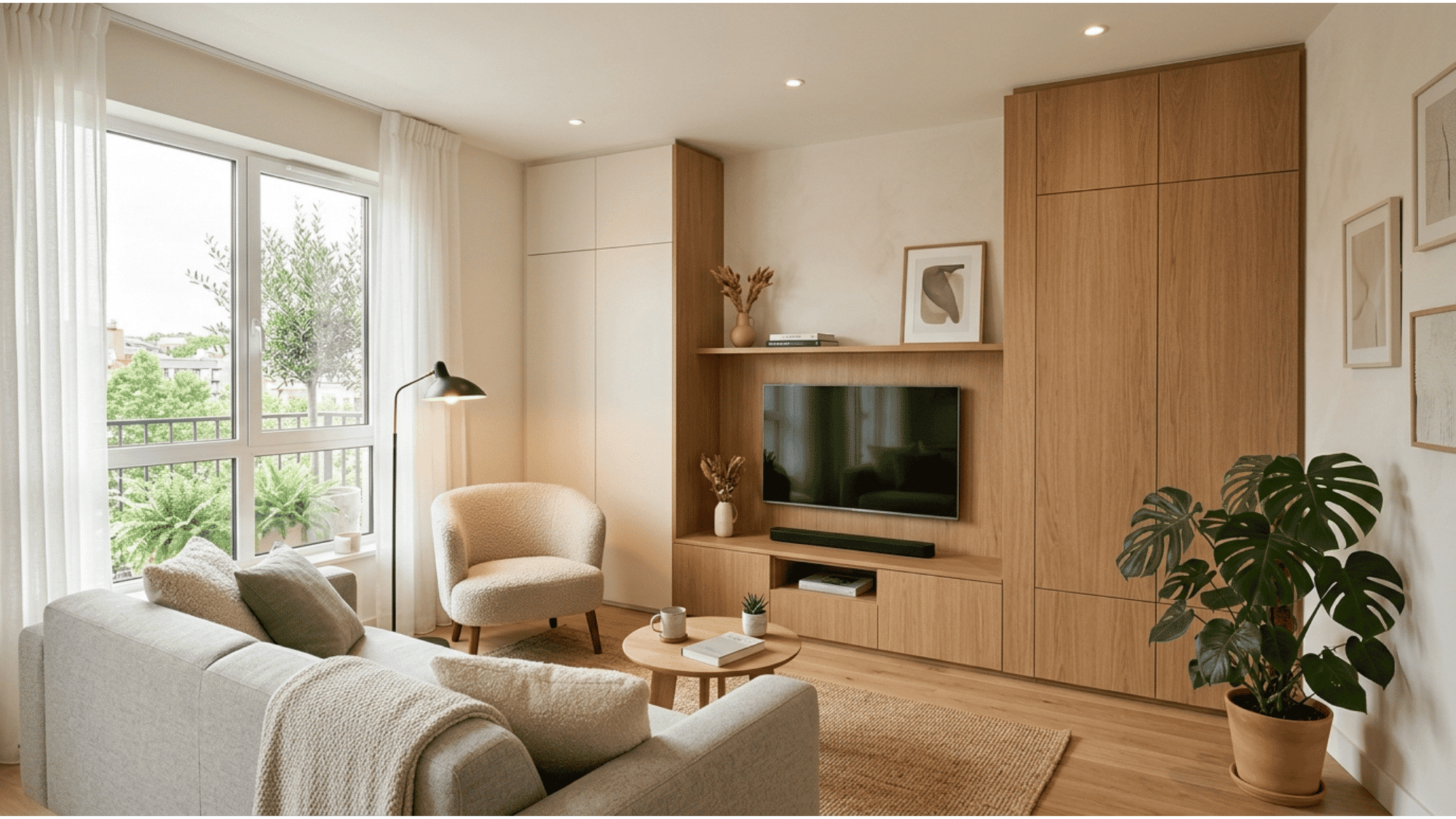 small living room with closed storage units creating a clean organized and spacious atmosphere