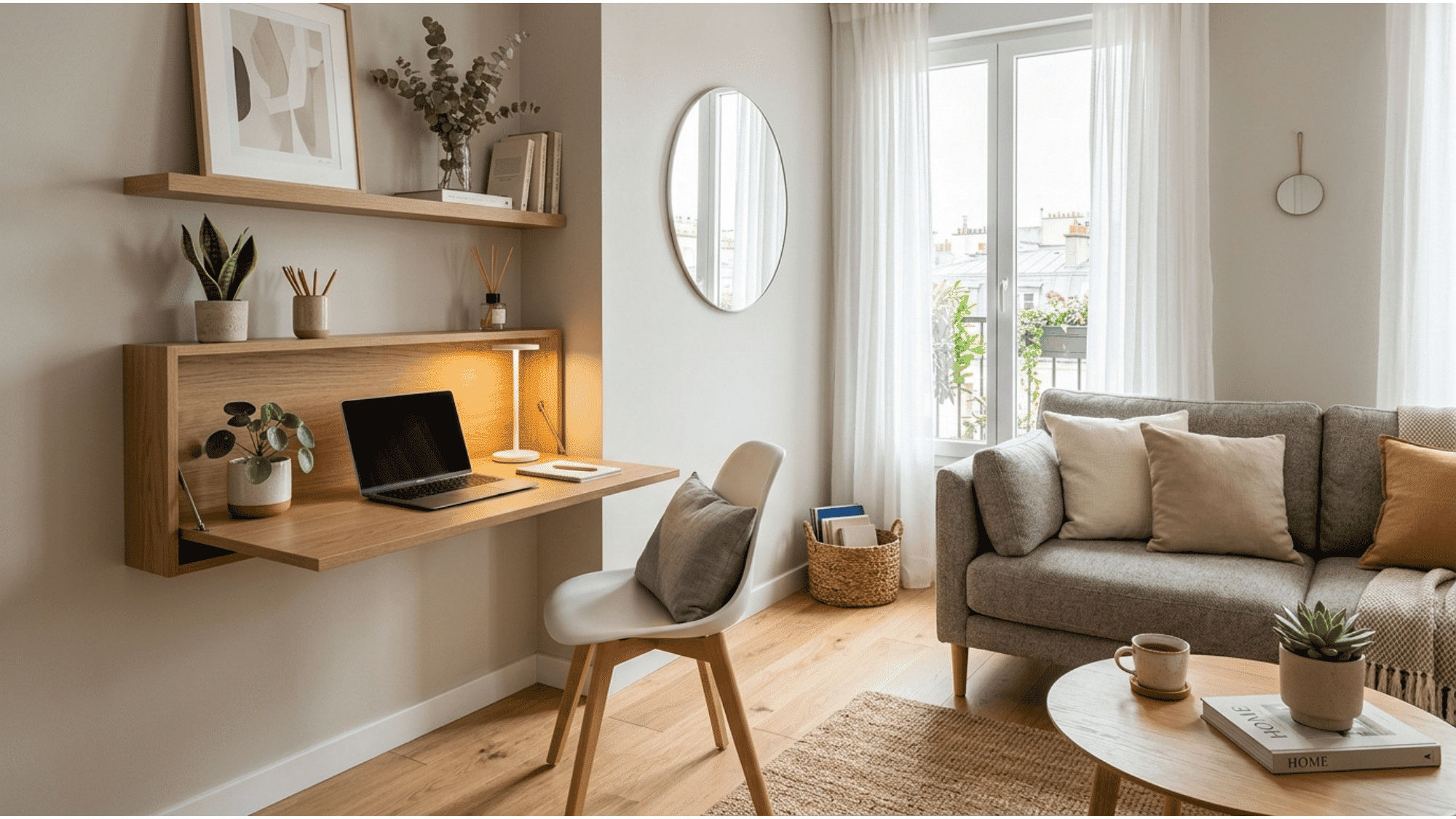 small living room with fold down desk creating a stylish functional and space saving layout