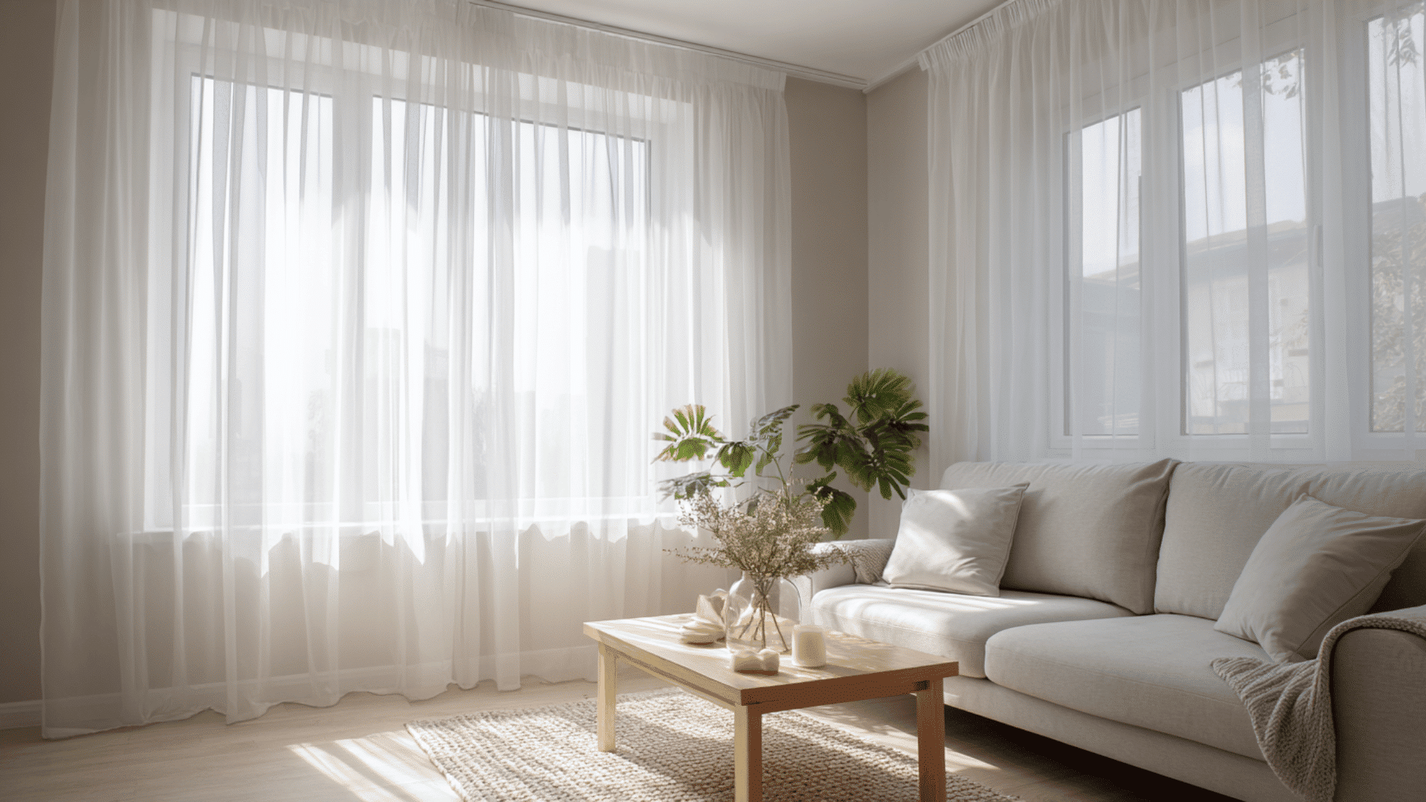 small living room with high-hung floor-to-ceiling white curtains creating an illusion of tall walls and spacious interior