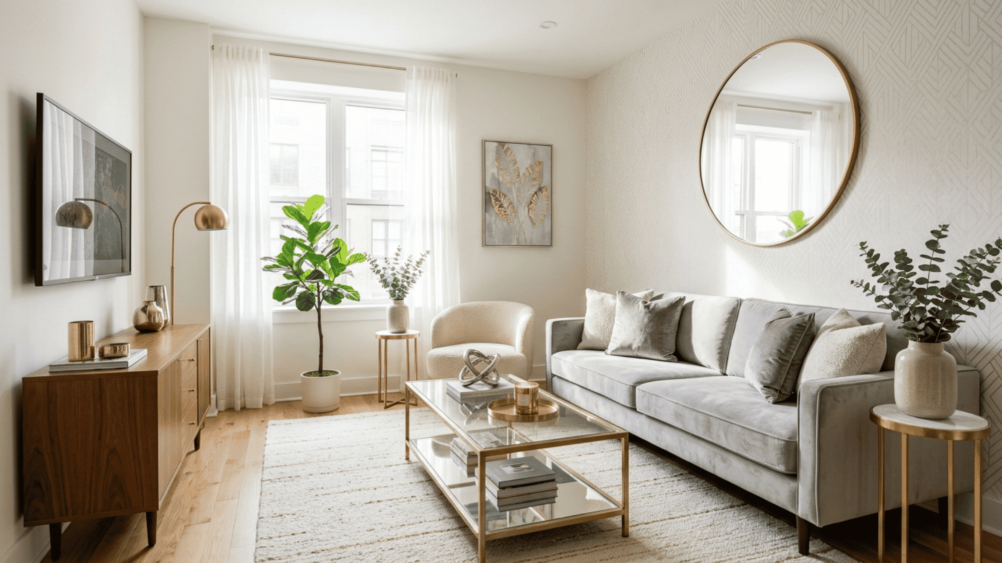 small living room with metallic accents reflecting light for a bright elegant modern atmosphere