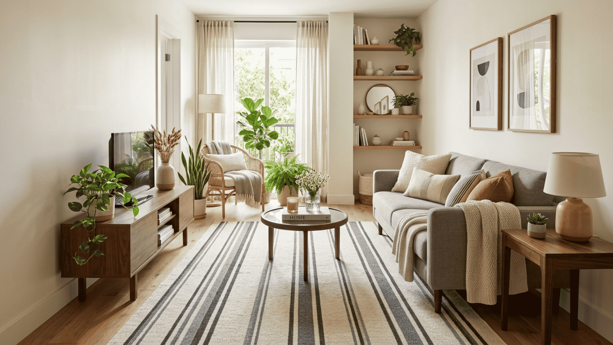small living room with striped rug creating visual depth and a more spacious open appearance