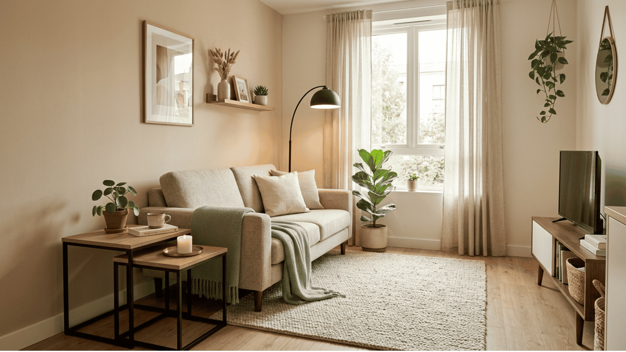 small living room with stylish nesting tables adding flexible function and modern space saving