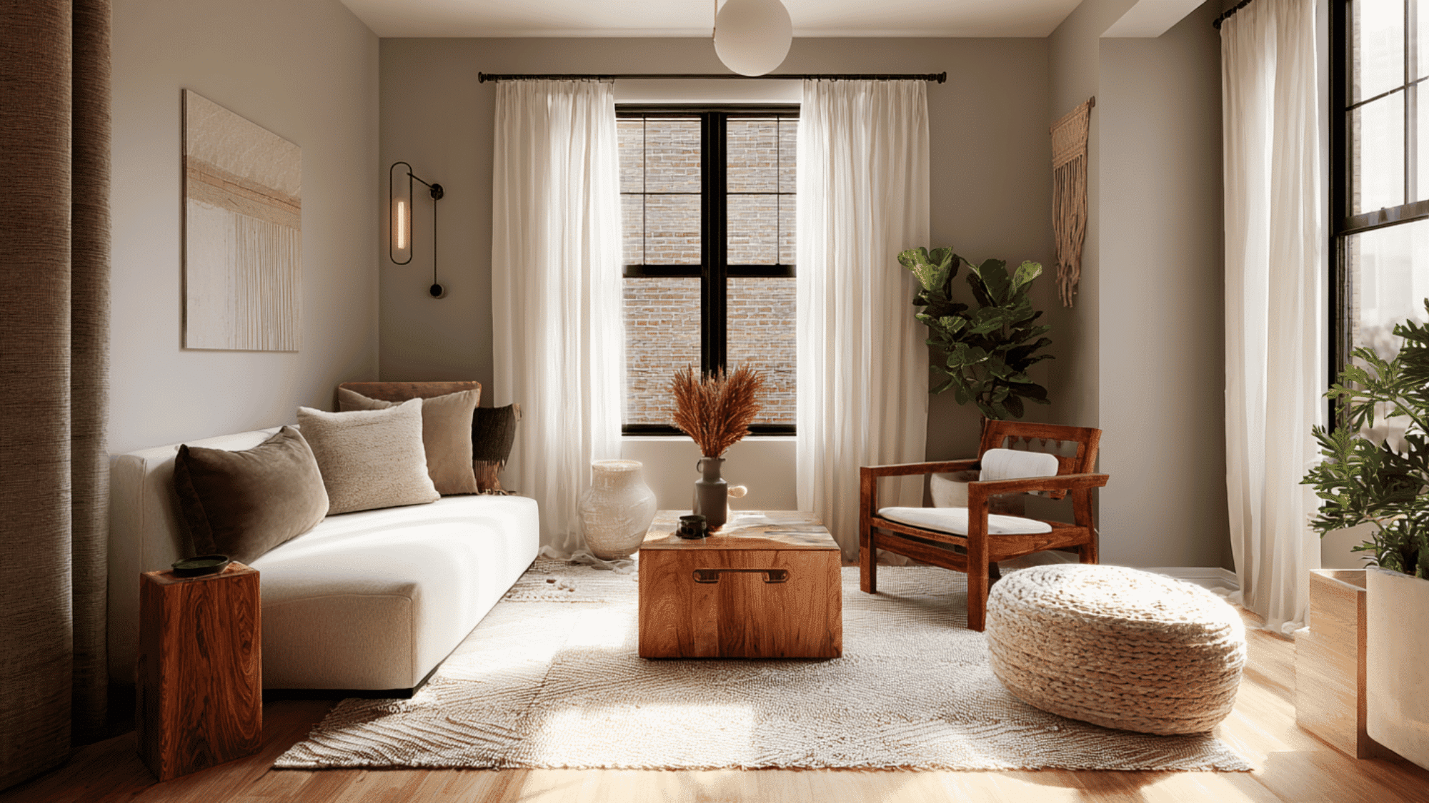 small living room with wood linen and velvet textures creating warmth depth and cozy elegance