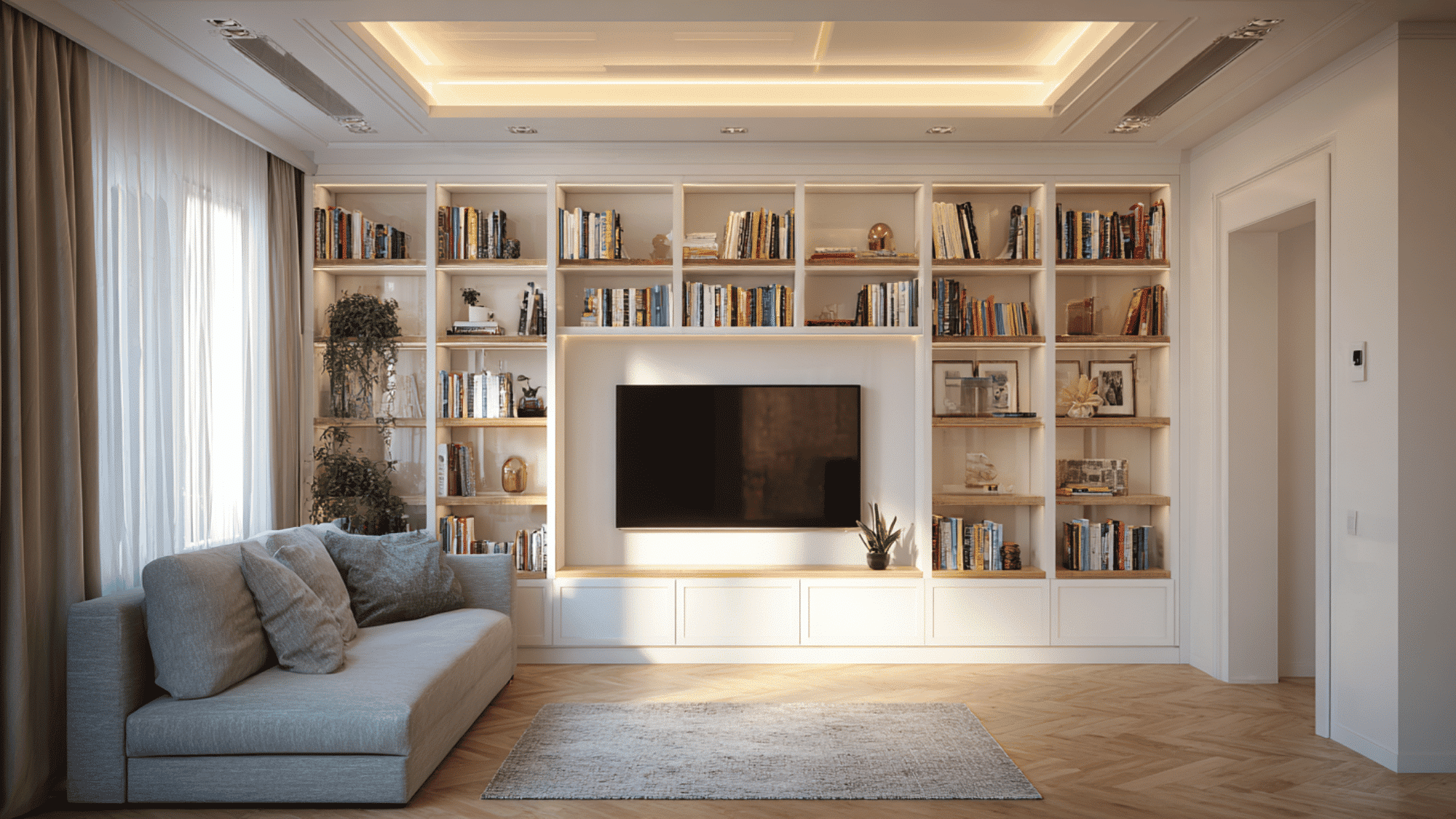 Small living with built-in white shelving units framing a wall-mounted TV, styled with books, plants, and minimal decor