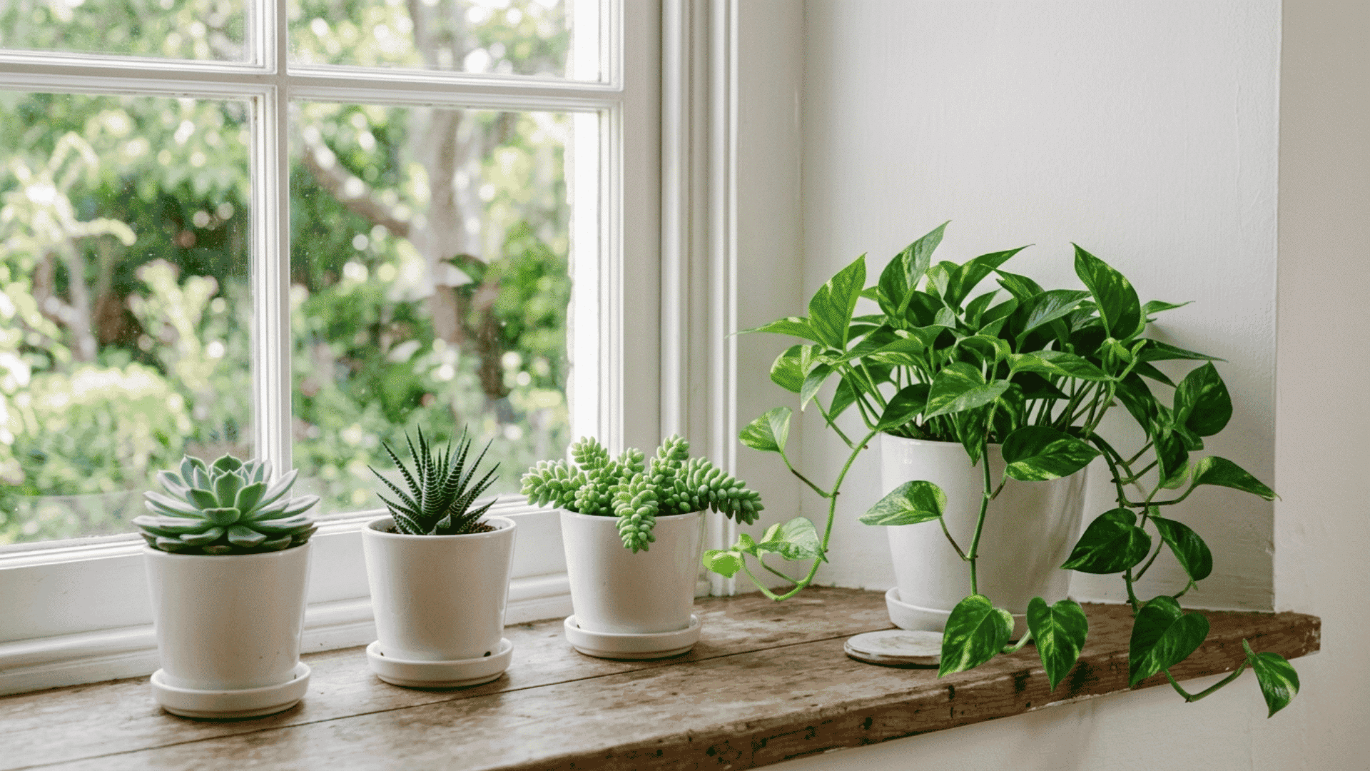 small potted succulents and pothos plant in white ceramic pots on a windowsill with soft natural light