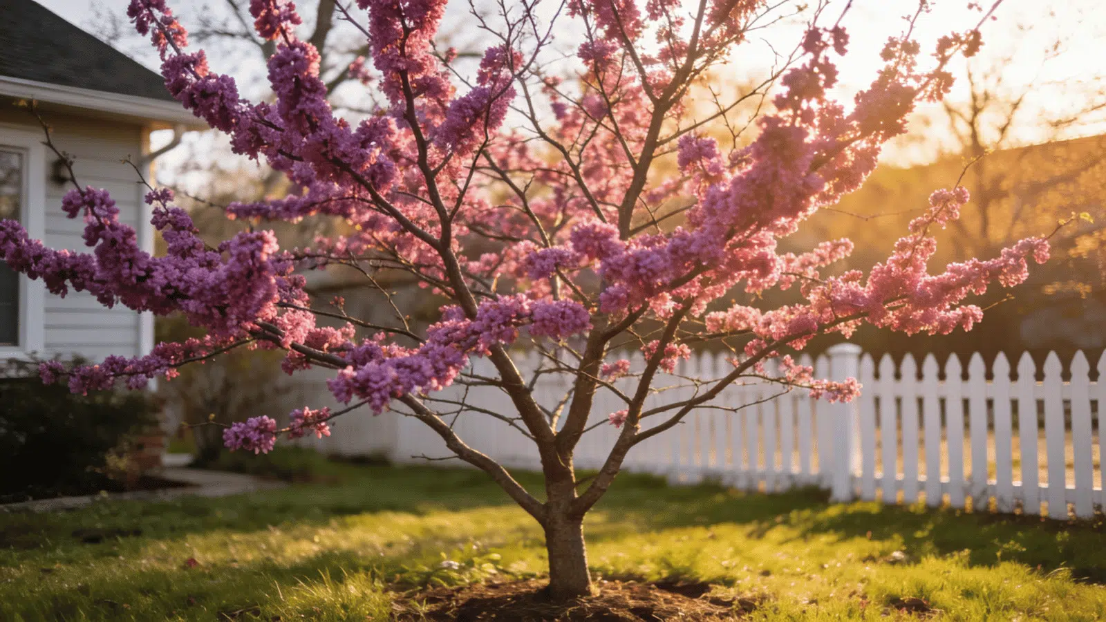 small redbud tree with pink blossoms beside a white fence in warm sunlight