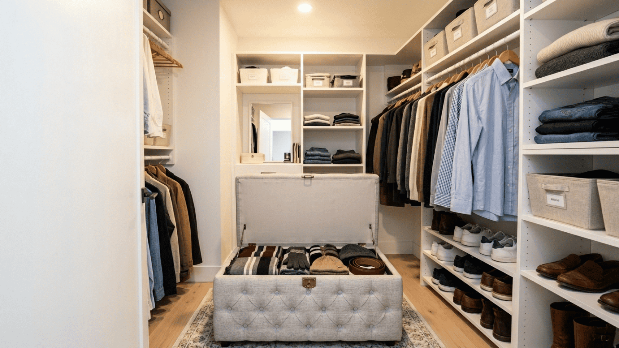 small storage ottoman with hidden compartment placed inside a walk-in closet as a DIY dual-purpose organization idea.