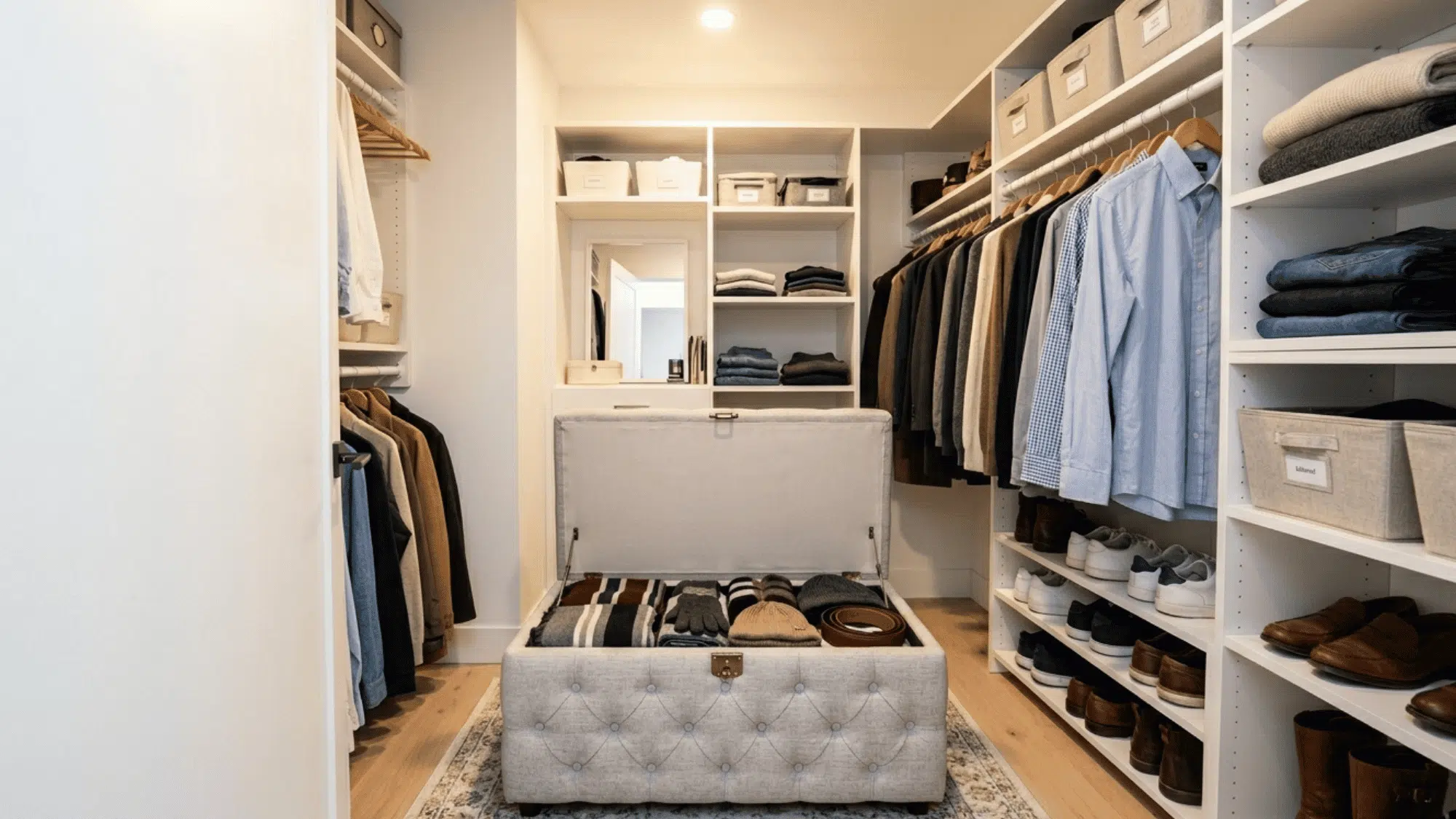 small storage ottoman with hidden compartment placed inside a walk-in closet as a DIY dual-purpose organization idea.