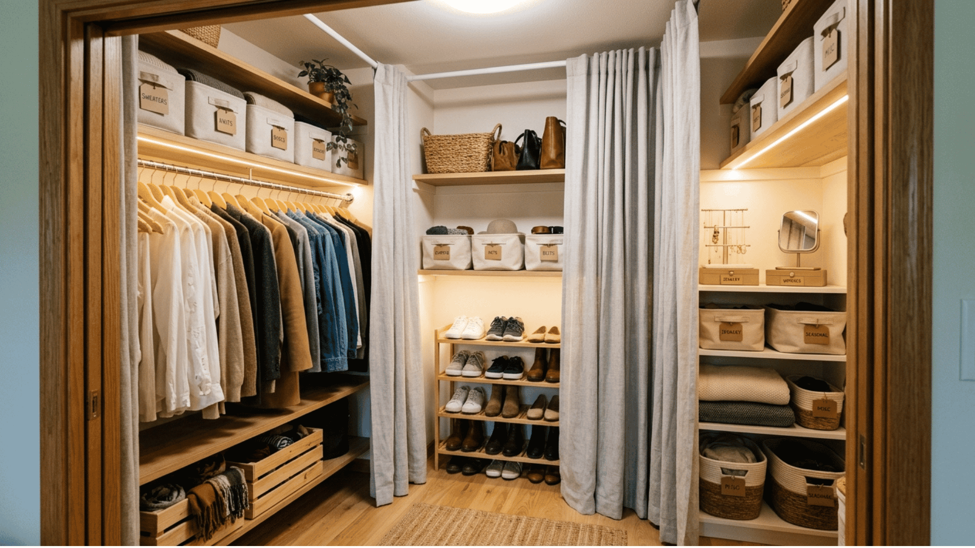 small walk in closet divided with curtain and tension rod for stylish organized storage zones