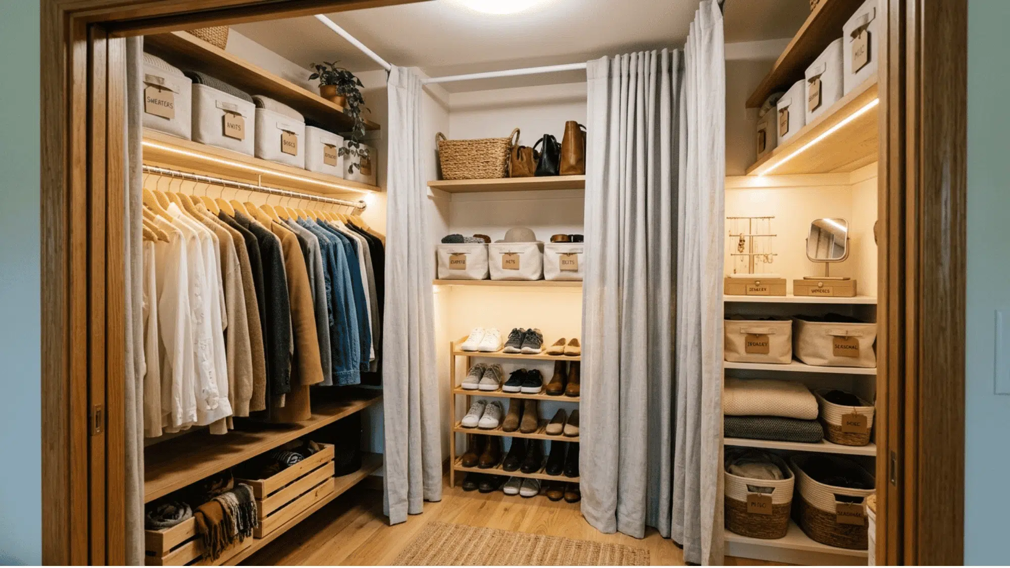 small walk in closet divided with curtain and tension rod for stylish organized storage zones