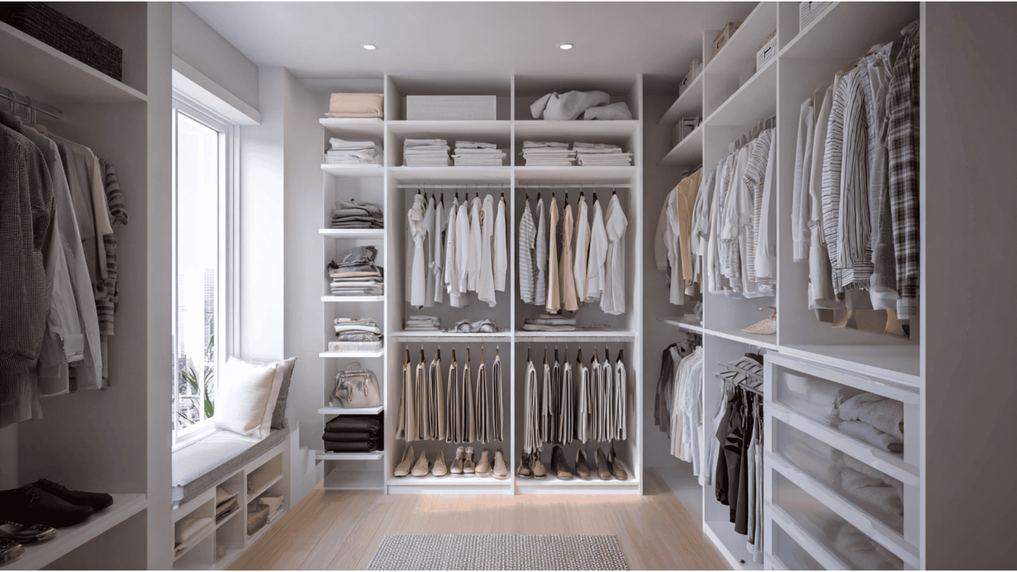 small walk-in closet organized into functional zones for better accessibility