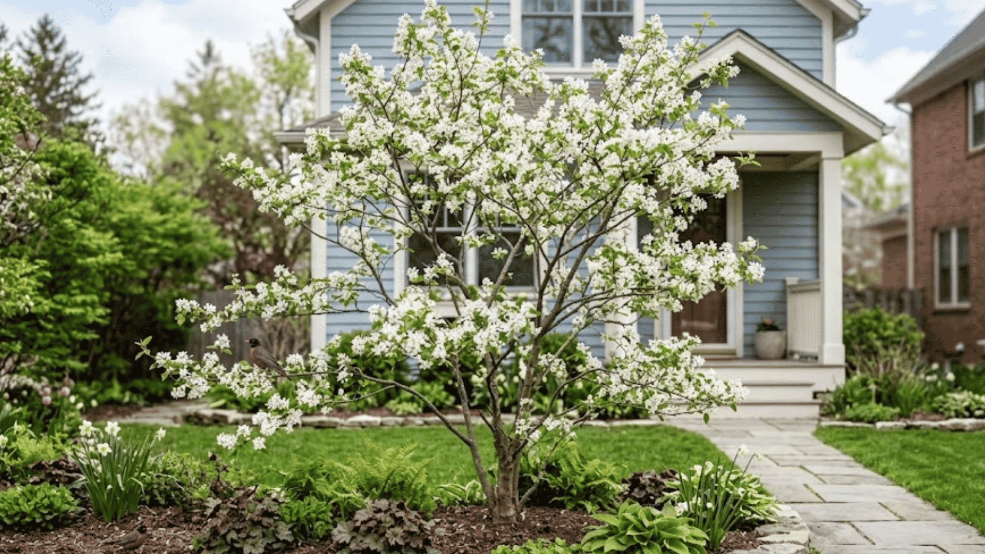 small white flowering tree growing in a tidy front garden beside a blue suburban house with spring blooms