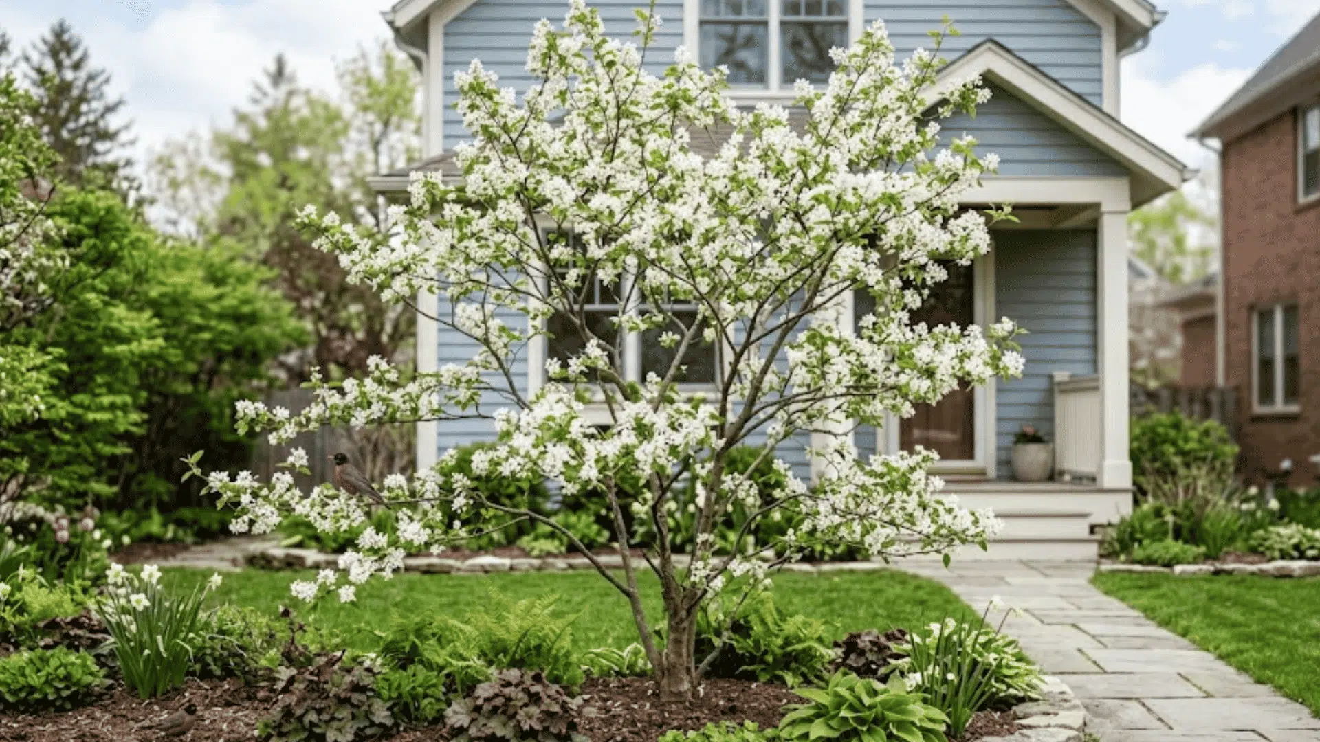 small white flowering tree growing in a tidy front garden beside a blue suburban house with spring blooms